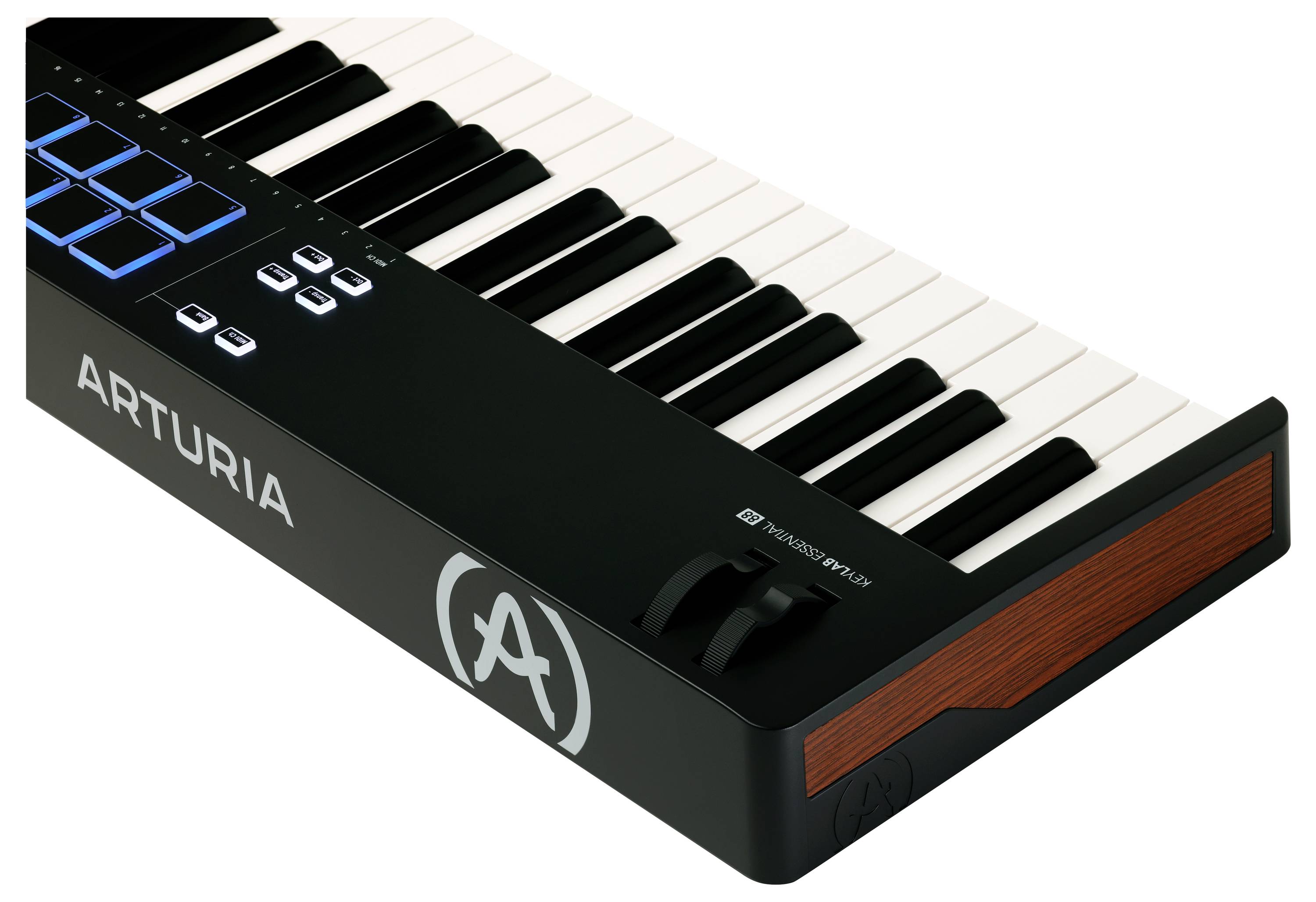 Elektronické MIDI klávesy s klaviaturou a ovládacími tlačítky, vhodné pro hudební produkci a digitální zpracování zvuku.