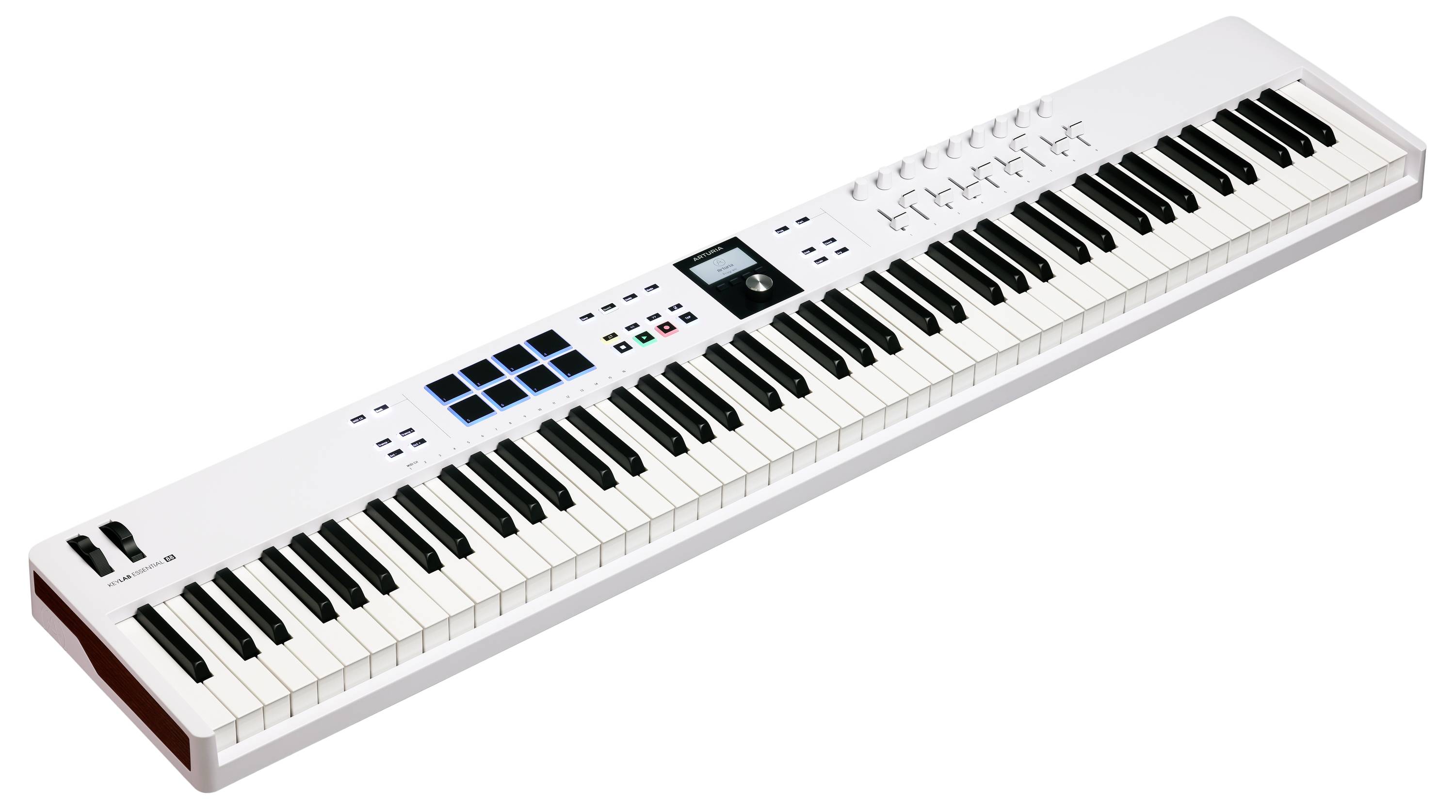 Bílá MIDI klávesnice se 61 klávesami, několika ovládacími prvky a pady pro hudební produkci. Ideální pro elektronické hudebníky.