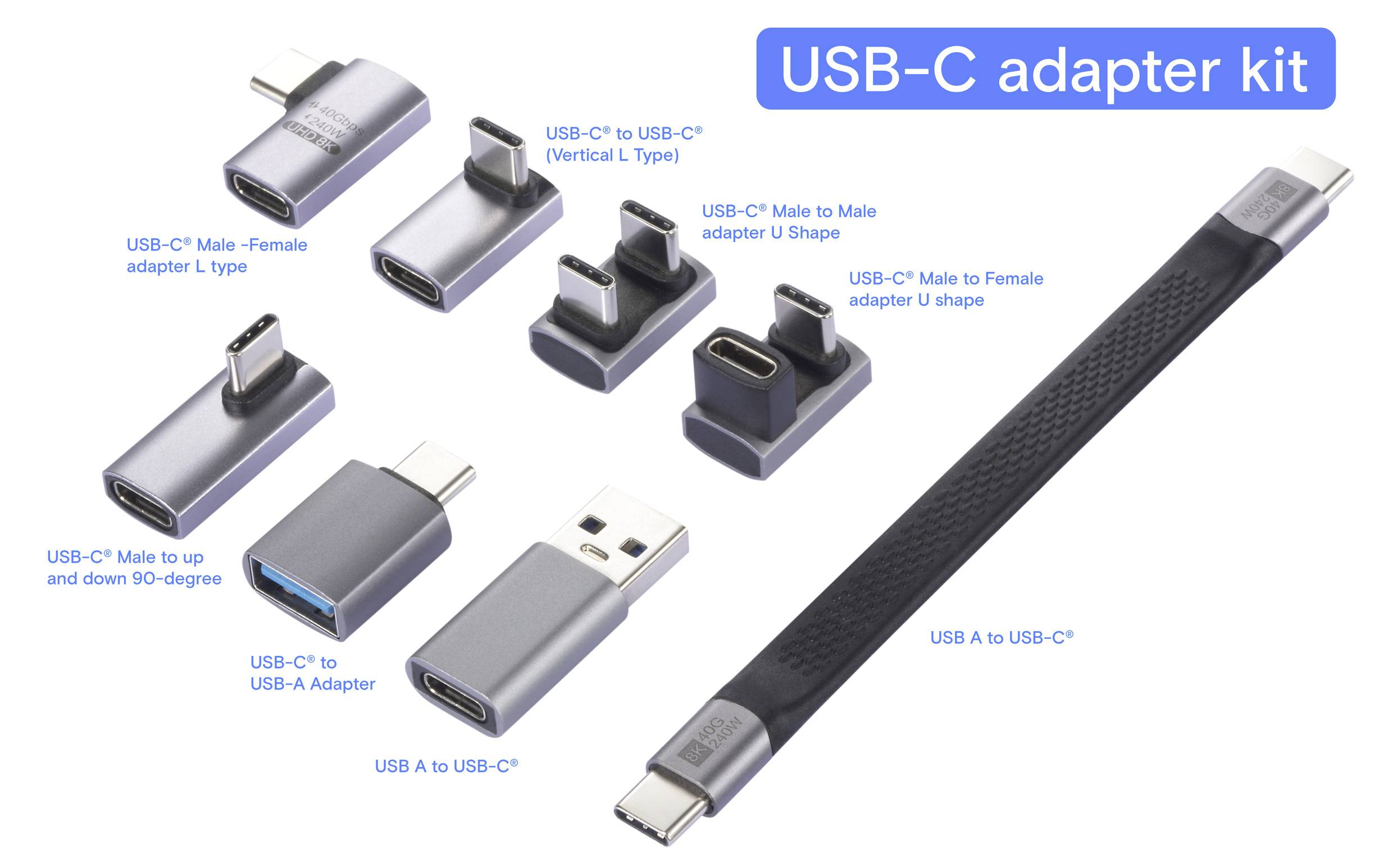 Sada adaptérů USB-C zobrazuje osm adaptérů pro různé použití, včetně propojení samec-samice a připojení USB-A na USB-C v různých tvarech.
