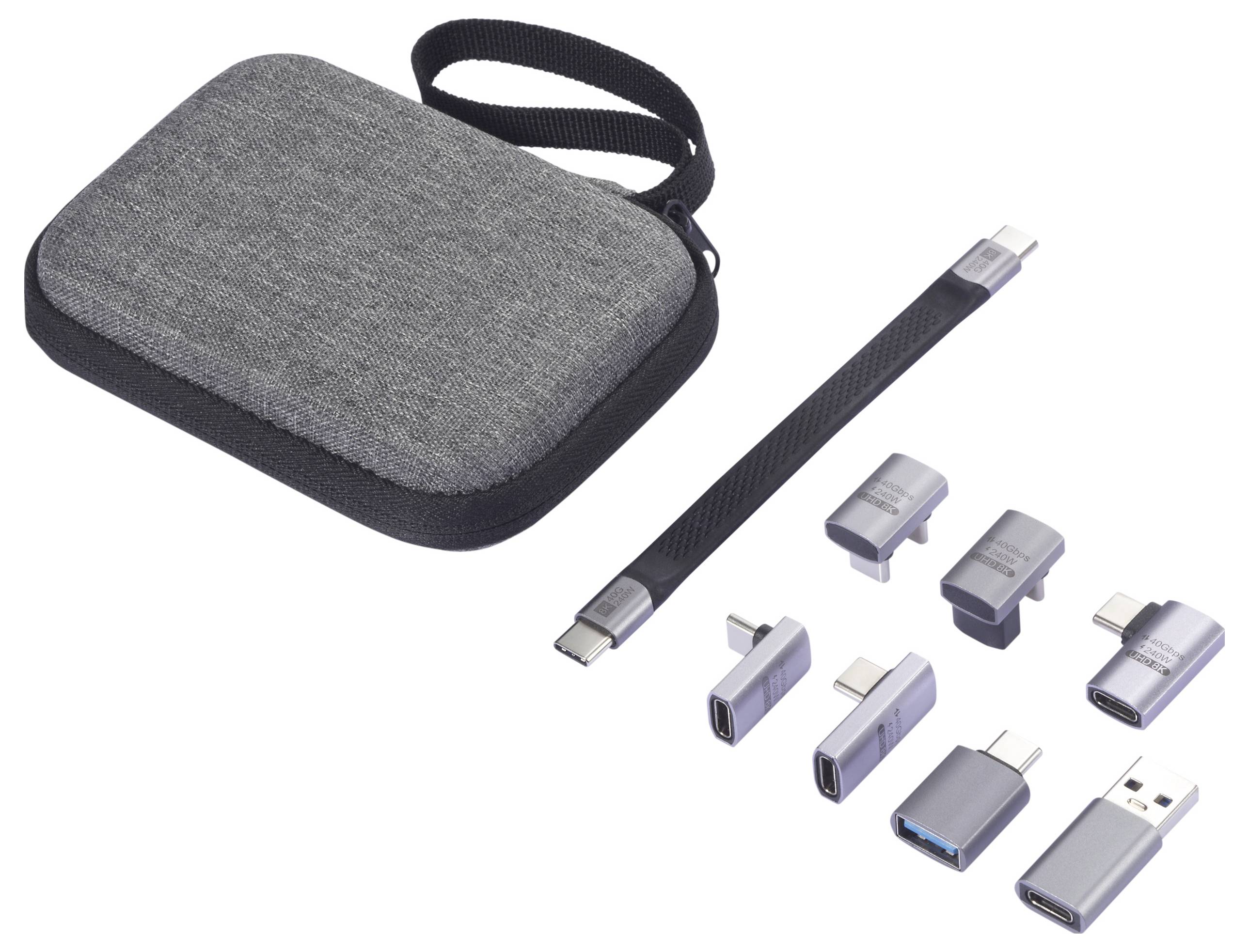 Sada technických doplňků sestávající z šedého přenosného pouzdra, kabelu ve stylu náramku a šesti USB adaptérů v různých konfiguracích.