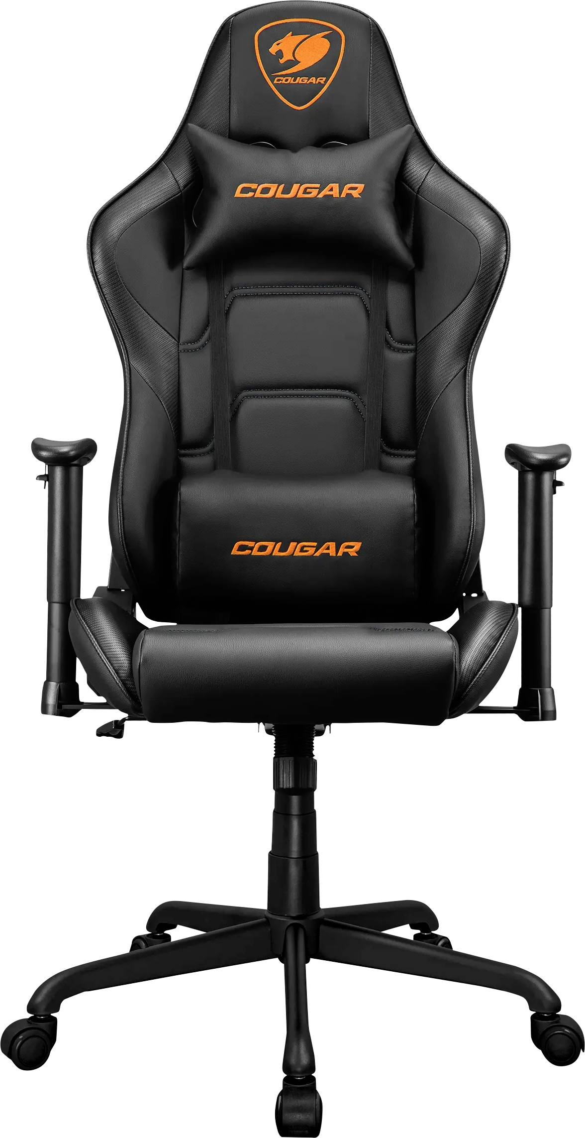 Černé ergonomické herní křeslo s oranžovým logem 'Cougar' na opěradle a hlavové opěrce. Vybaveno polstrovanými opěrkami rukou a nastavitelnou výškou.