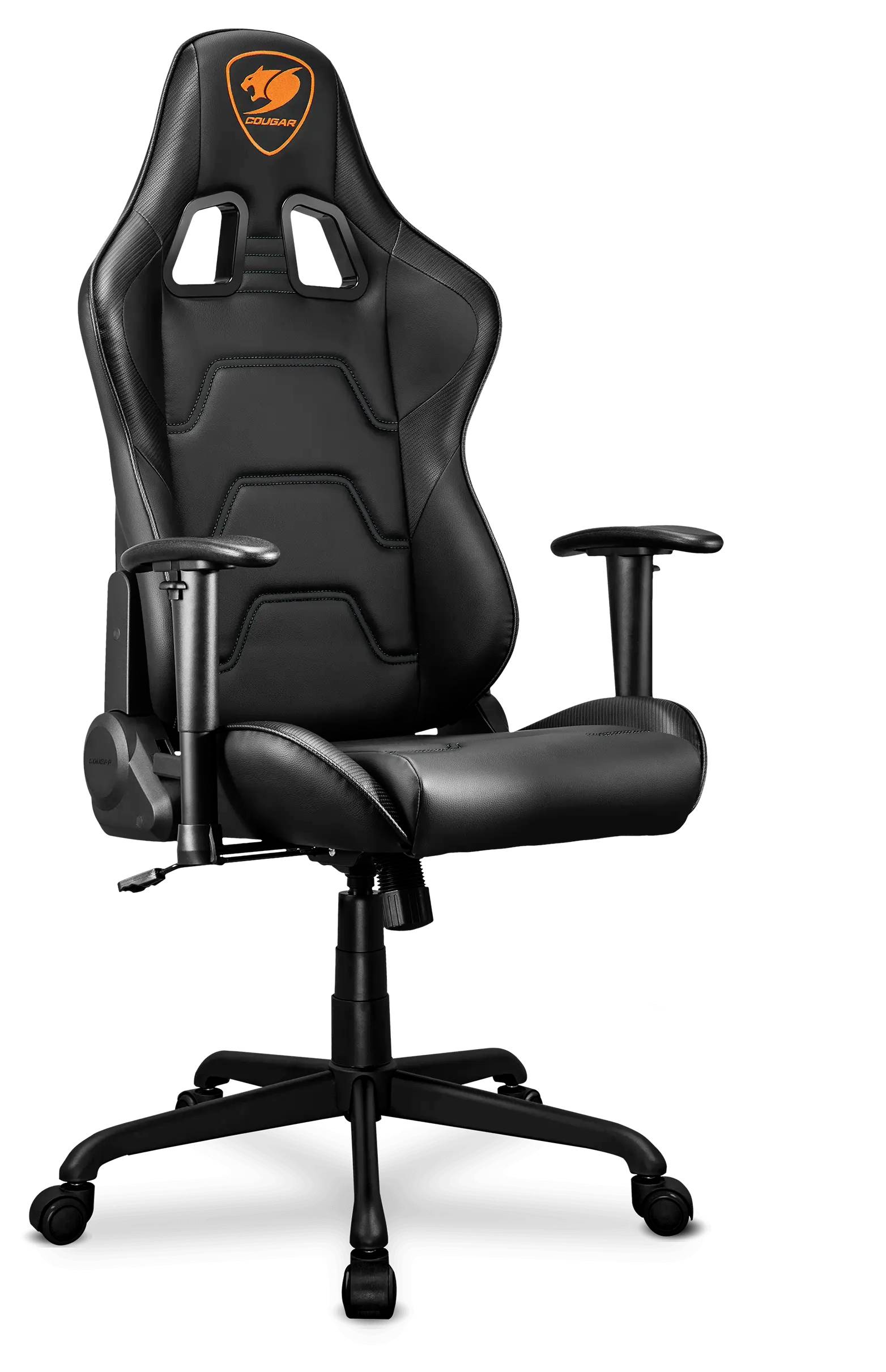 Černá ergonomická herní židle s nastavitelnými opěrkami rukou a vysokým opěradlem, s oranžovým logem v blízkosti opěrky hlavy.