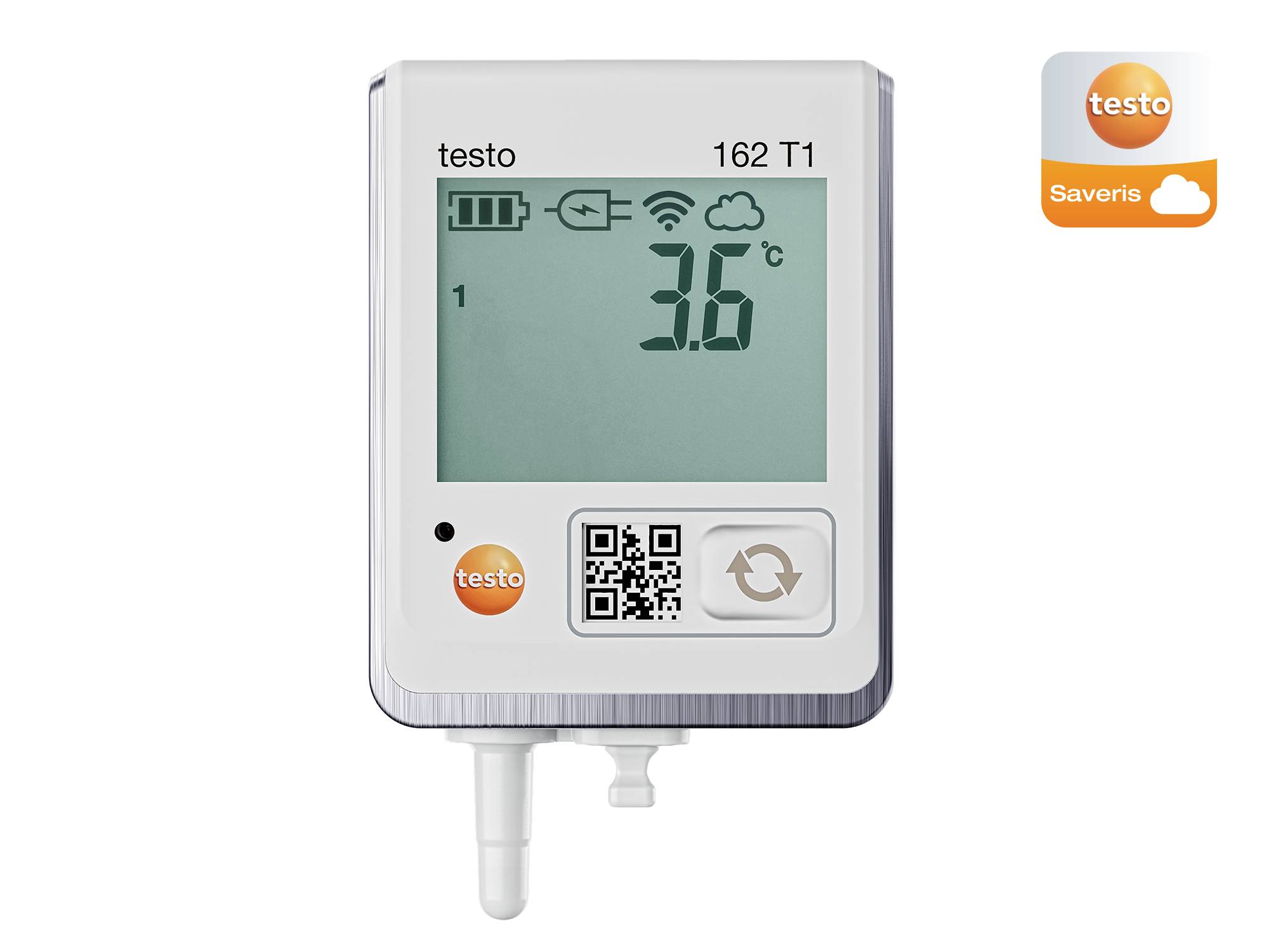 Teploměr ukazuje '3,6°C'. Nahoře jsou symboly pro baterii, signál a WLAN. Vpravo nahoře je logo 'testo Saveris'.