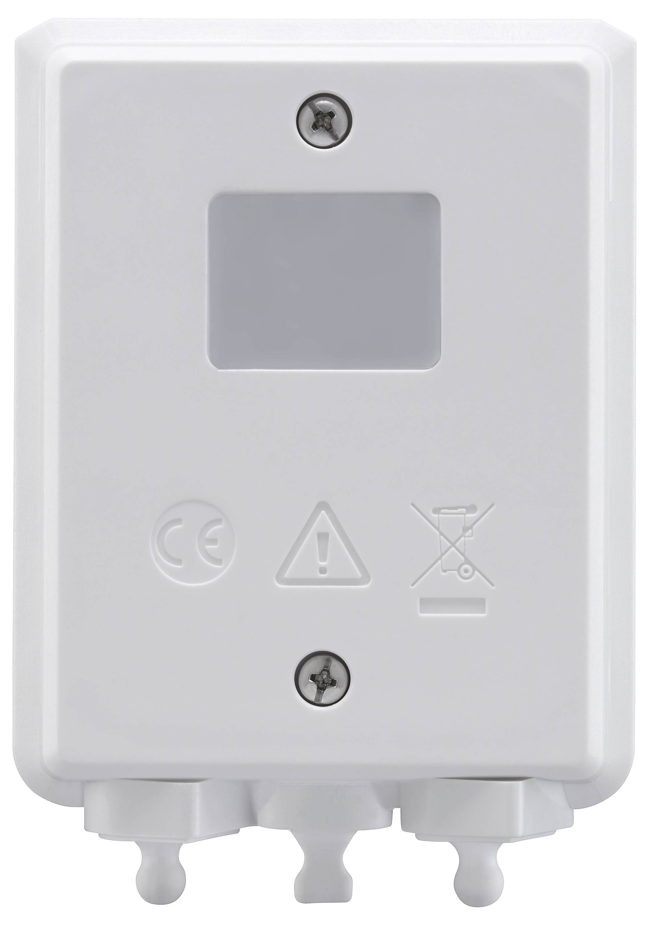 Bílé pouzdro se dvěma šrouby nahoře, symboly pod nimi: označení CE, výstražné upozornění, přeškrtnutá popelnice, zobrazuje bezpečnostní a likvidační pokyny.