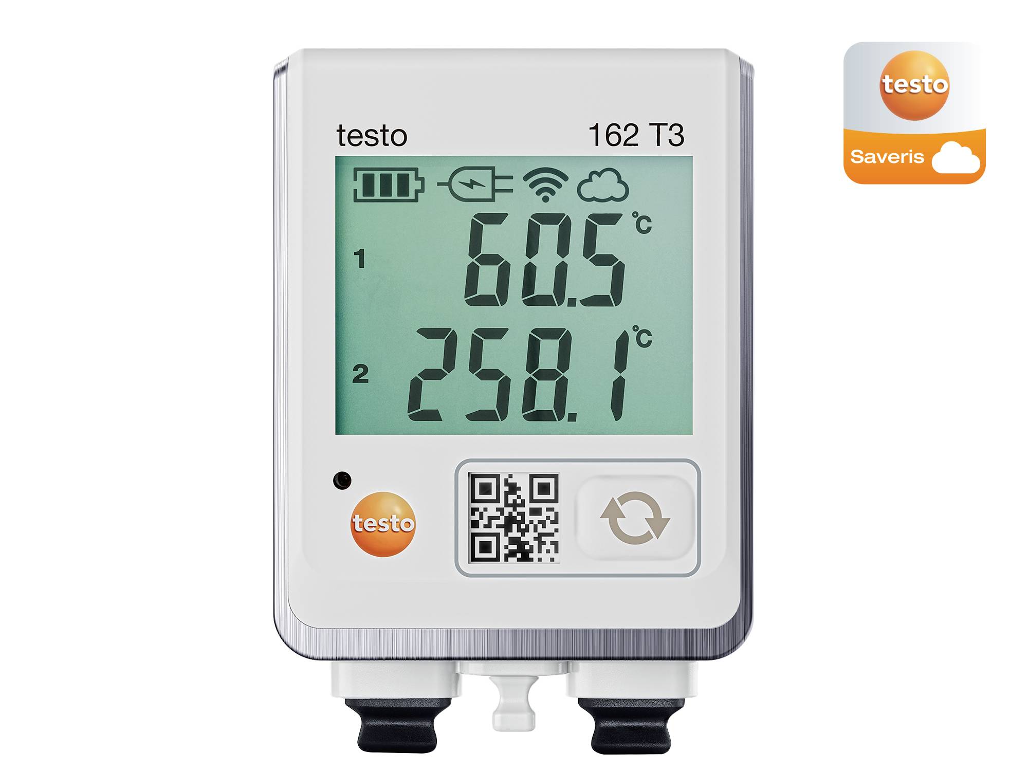 Digitální teploměr zobrazuje teploty 60,5°C a 258,1°C. Vpravo nahoře jsou symboly pro stav baterie a Wi-Fi.