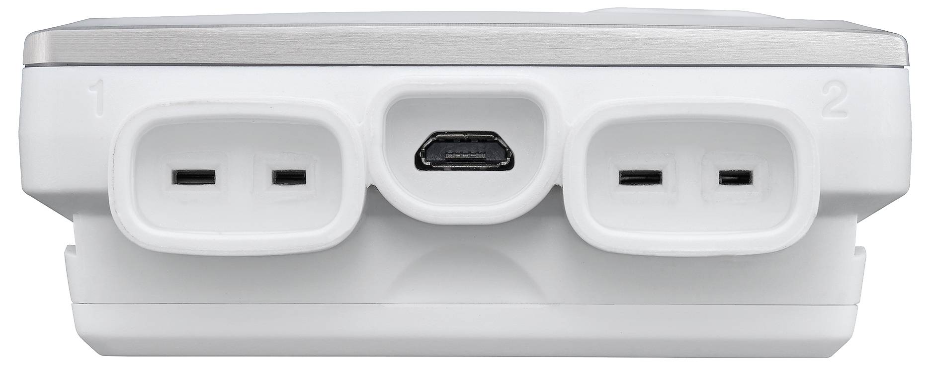 Dva bílé konektory a jeden Micro-USB konektor na zařízení. Konektory jsou očíslovány 1 a 2.
