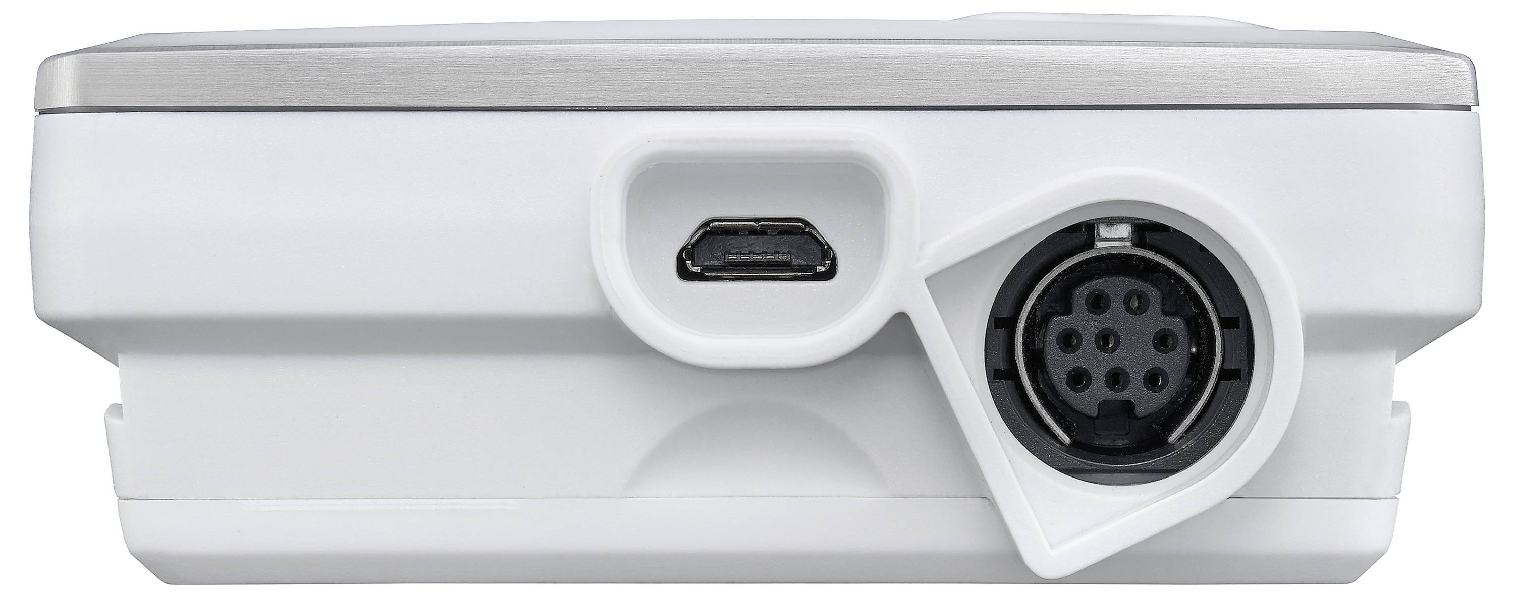 Bílá elektronická rozhraní jednotka s kulatým vícenásobným konektorem a Micro-USB připojením.