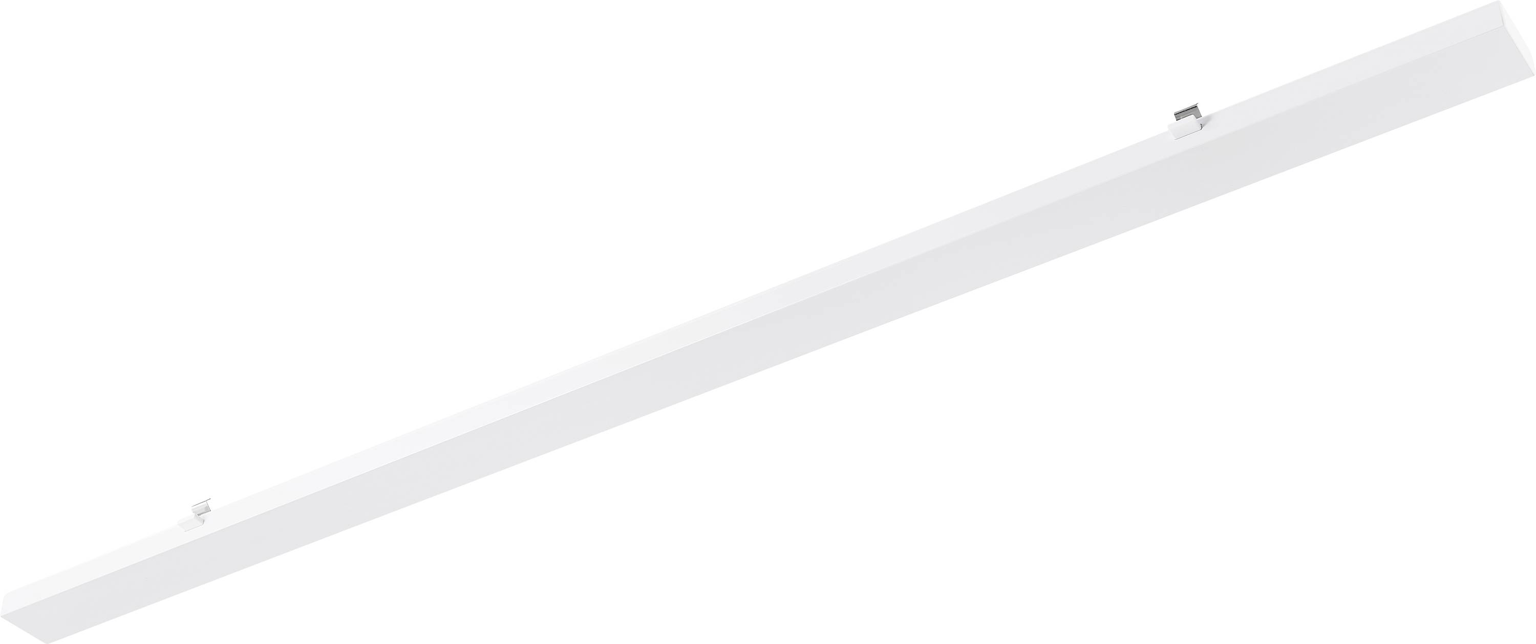 Dlouhá, úzká, bílá LED světelná lišta obdélníkového tvaru, která je vhodná pro stropní montáž.