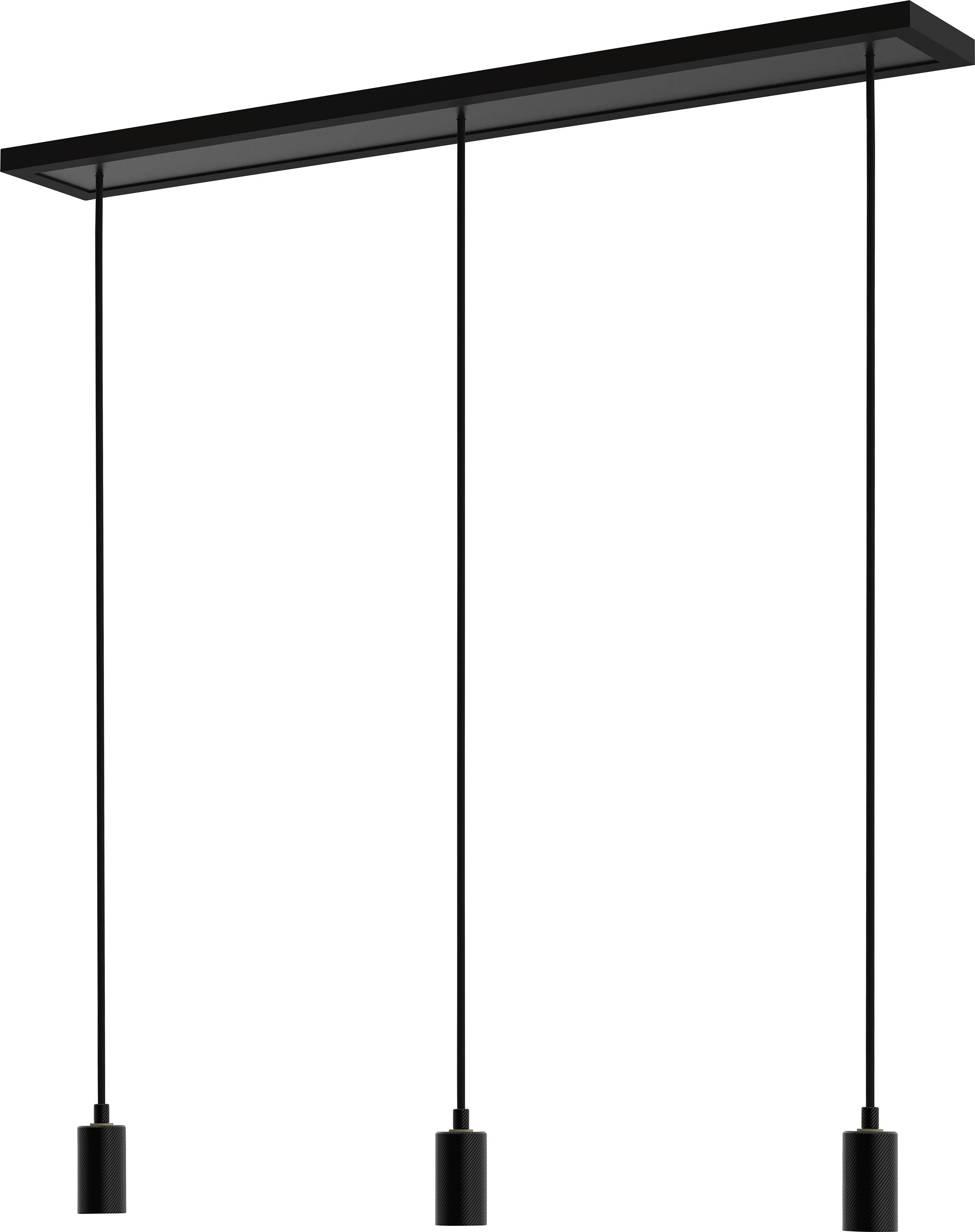 Černé minimalistické závěsné svítidlo se třemi vertikálně visícími lampami, které rovnoměrně visí z obdélníkové základny.