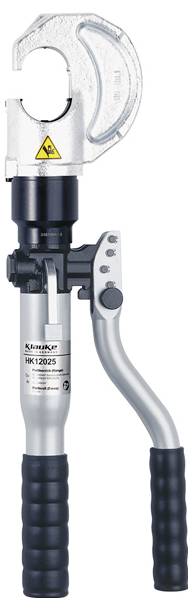 Hydraulický kabelový řezač se stříbrnou rukojetí, černými úchopy a otevřenou řezací hlavou, používaný pro řezání elektrických kabelů.
