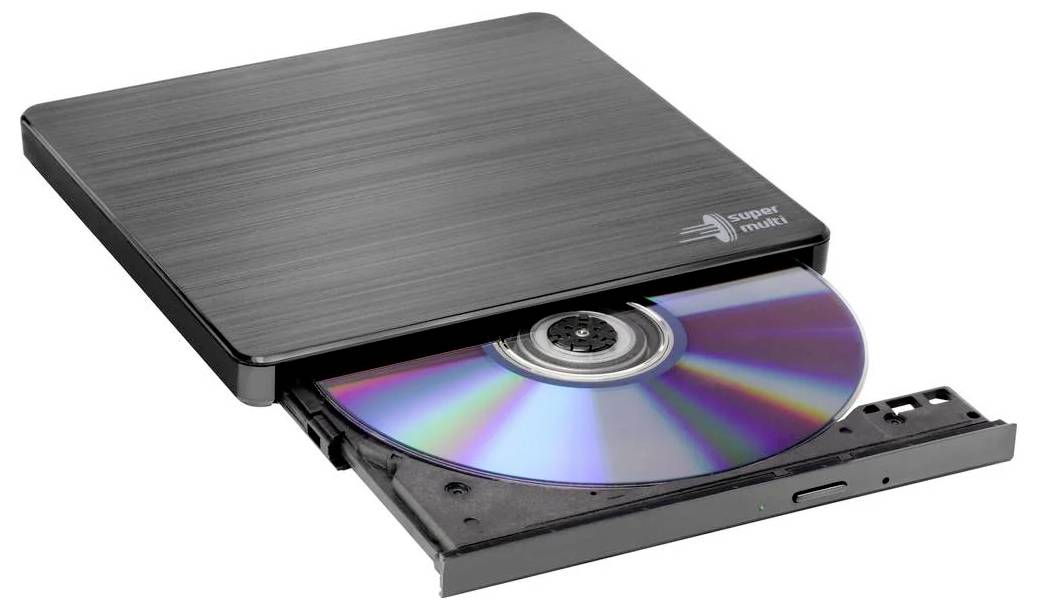 Černá externí optická mechanika s částečně vysunutým CD, na němž je patrný duhový odraz, s označením "super multi".
