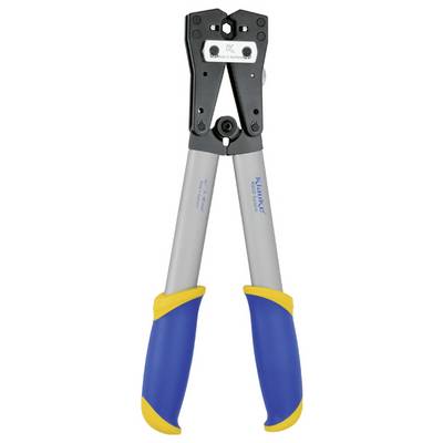 Krimpovací nástroj s dlouhými rukojeťmi, modro-žlutými úchopy a černou krimpovací hlavou, určený pro elektrické a mechanické použití.