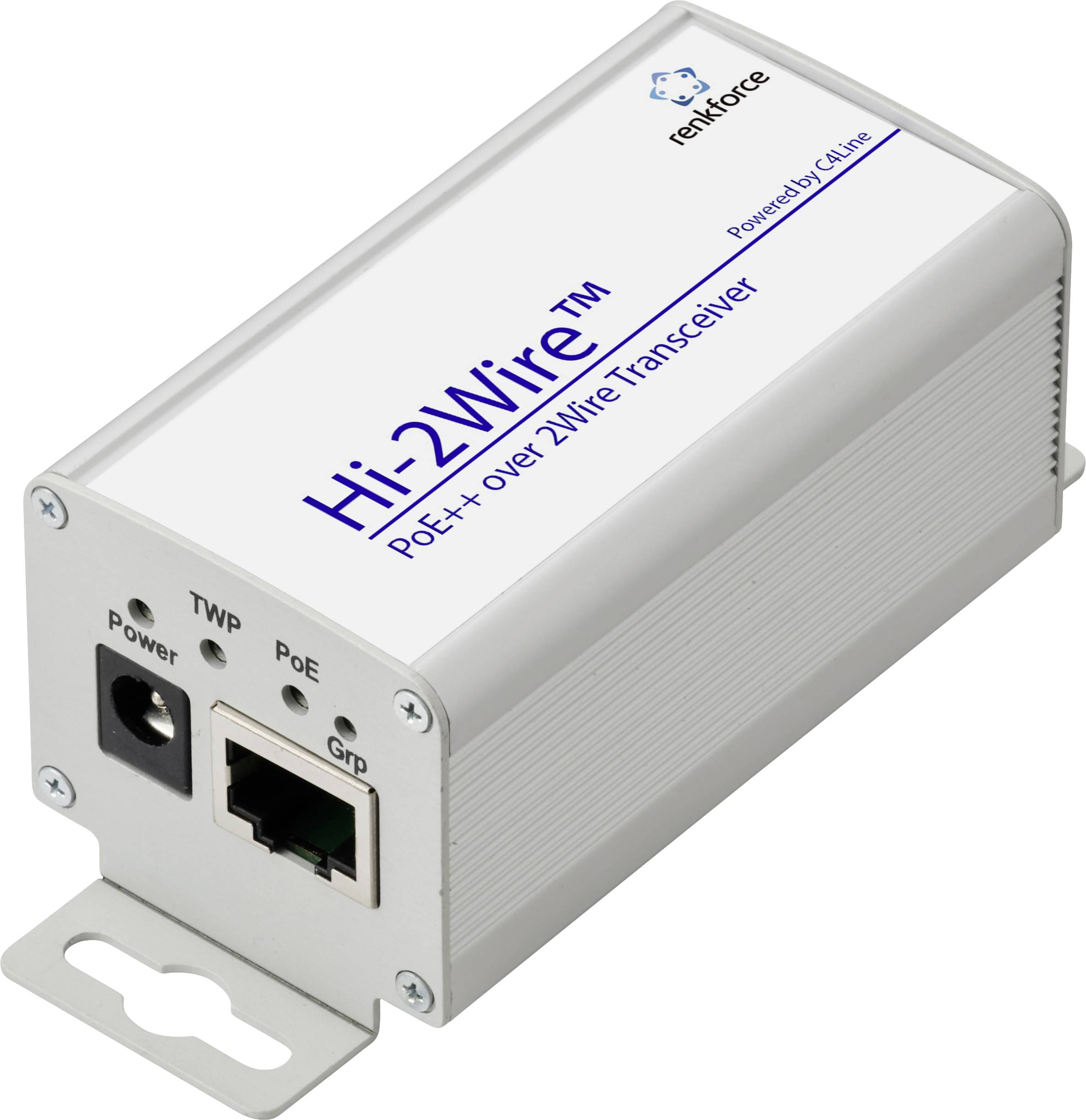 Bílý Hi-2Wire PoE++ transceiver přes 2Wire od společnosti Comtrend s napájecími a síťovými porty a indikátory stavu na straně zařízení.