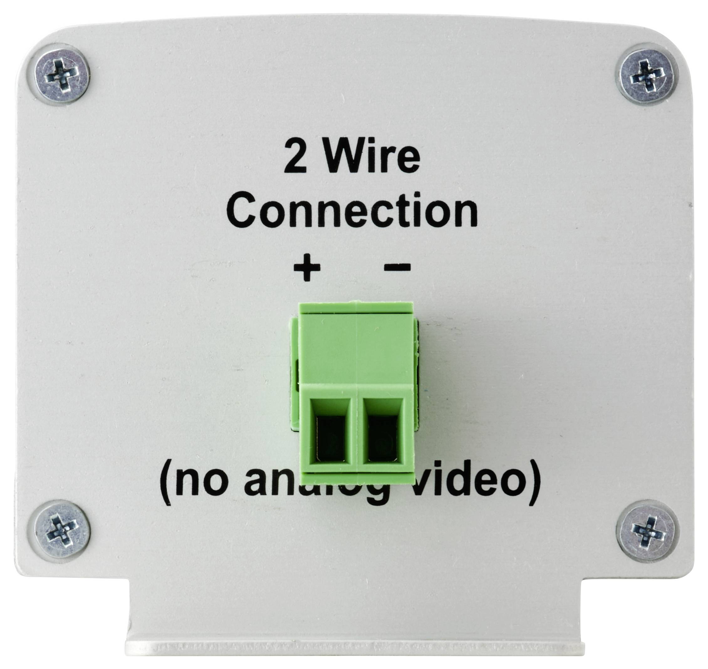 Obrázek ukazuje šedý panel se zeleným konektorem s označením '2 Wire Connection + - (bez analogového videa)'.