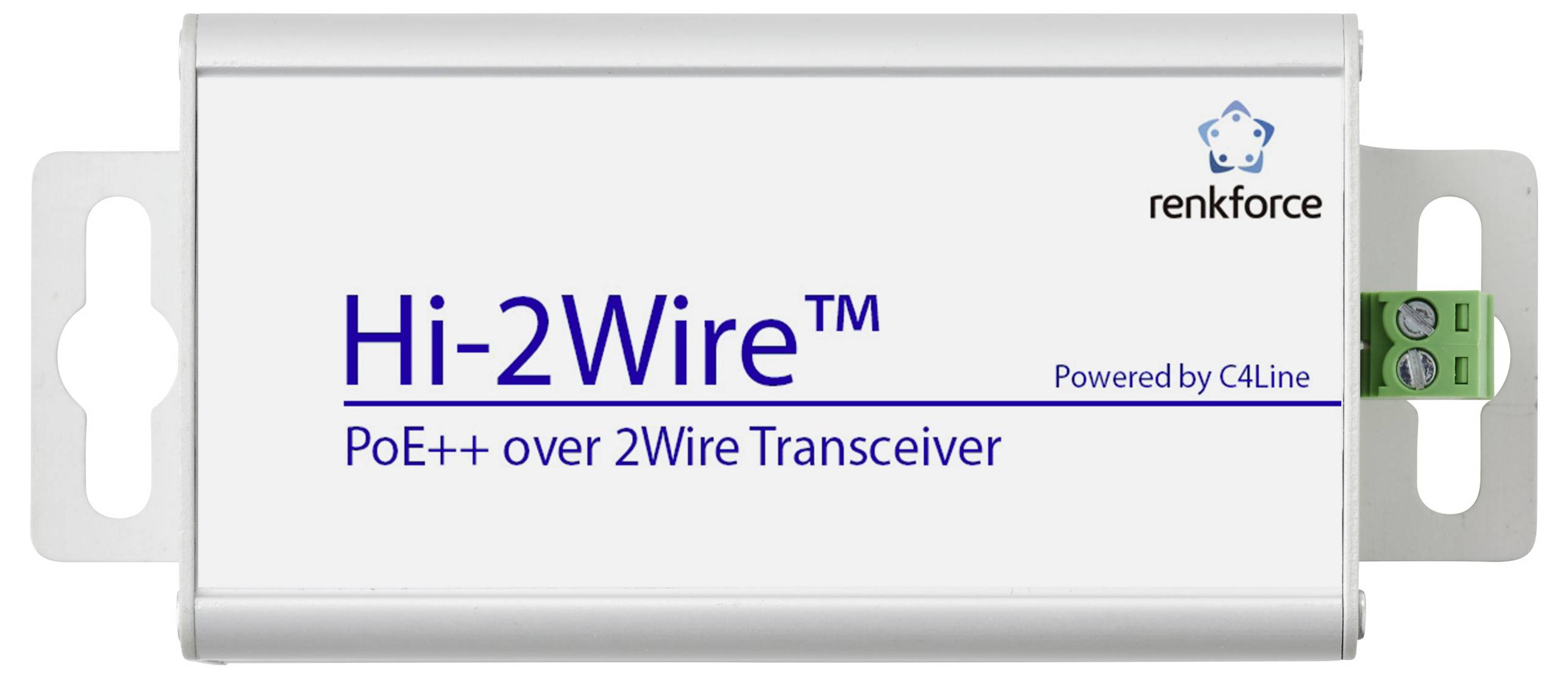 Hi-2Wire PoE++ přes 2Wire transceiver zařízení od Renkforce, napájené C4Line, s bílým pouzdrem a montážními úchyty.