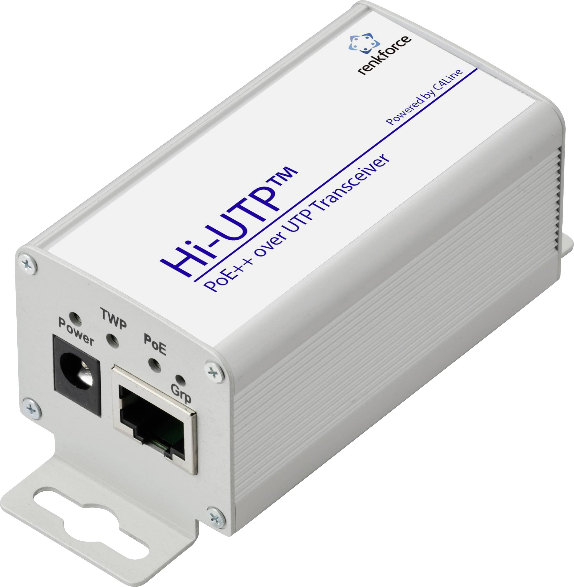 Kompaktní bílé zařízení označené štítkem 'Hi-UTP PoE+ over UTP Transceiver', vybavené indikátorem napájení, porty TWP, PoE a Grp, používané pro síťové připojení.