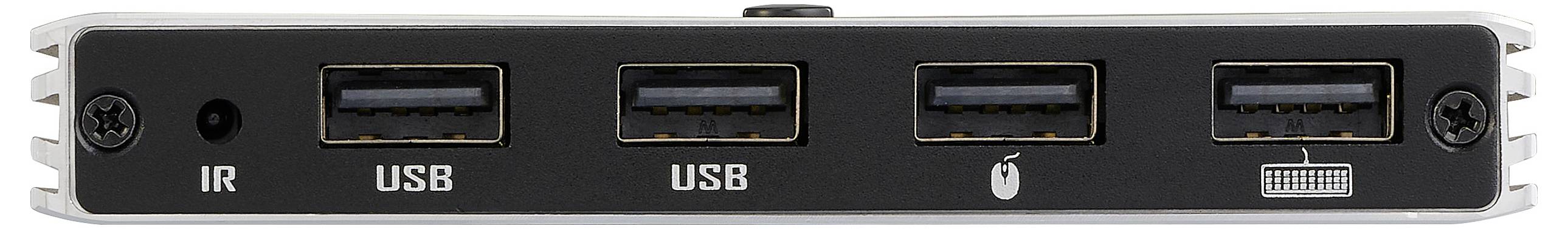 Černý panel se čtyřmi označenými USB porty: IR, USB, USB a vyhrazenými ikonami pro připojení myši a klávesnice.