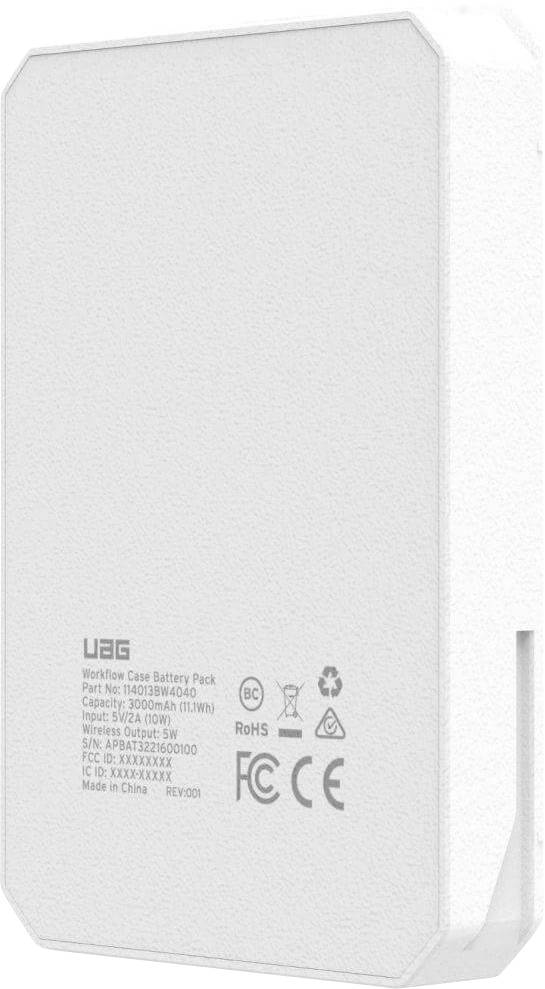 Bílý UAG WorkFlow bateriovýpack s vytištěnými specifikacemi, včetně kapacity 10200mAh a detailů vstupních/výstupních parametrů.