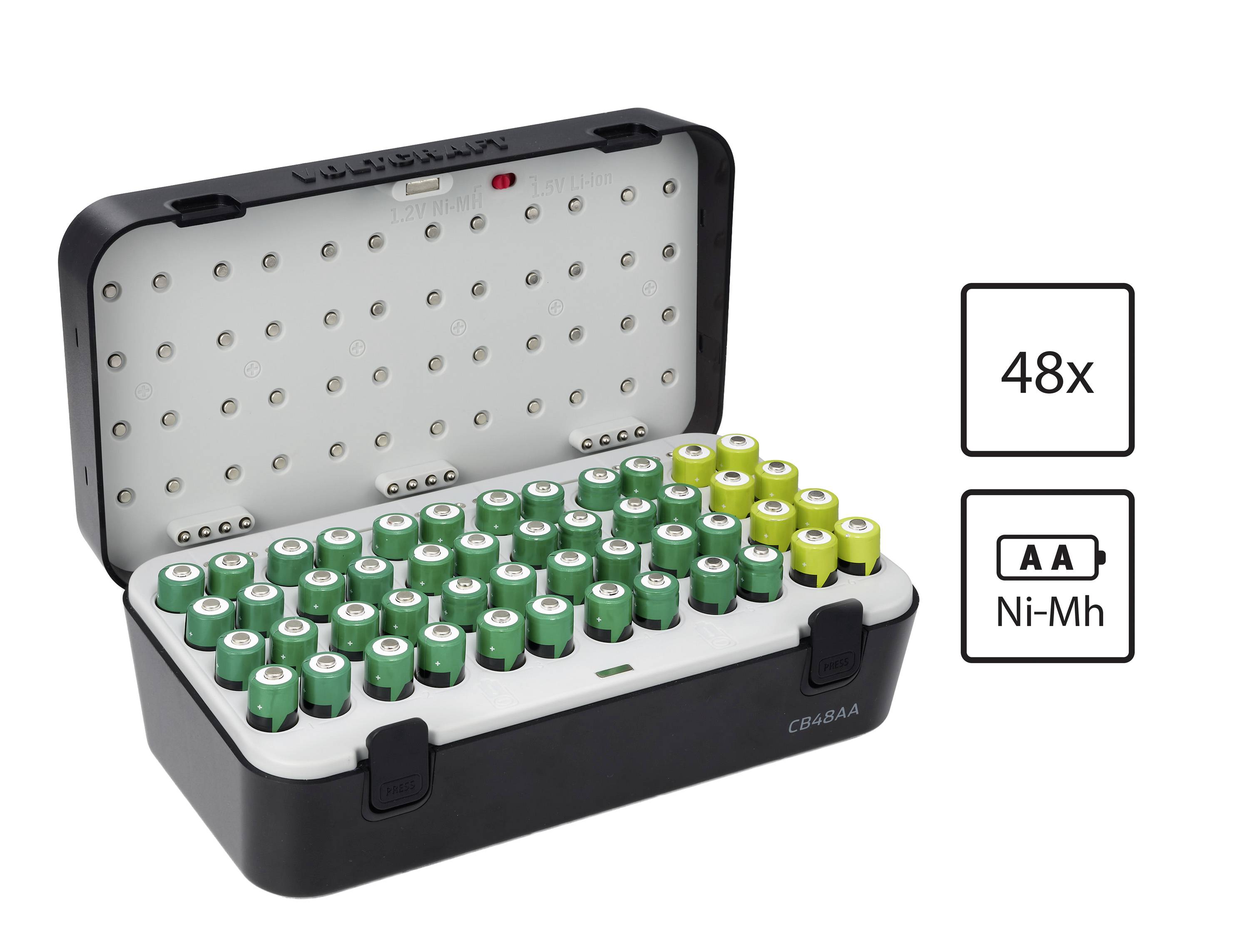 Otevřená nabíječka na baterie držící 48 baterií AA Ni-MH s popisem „48x" a ikonami „AA Ni-MH".