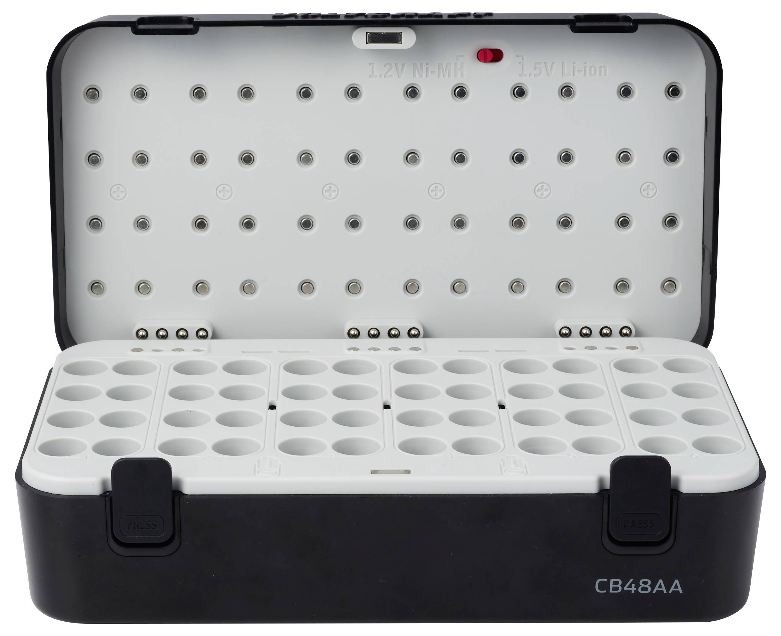 Otevřený plastový box na uchovávání baterií s prázdnými pozicemi a víkem, označený "CB48AA" a "12V Ni-MH / 1.5V Li-ion" pro organizování baterií typu AA.