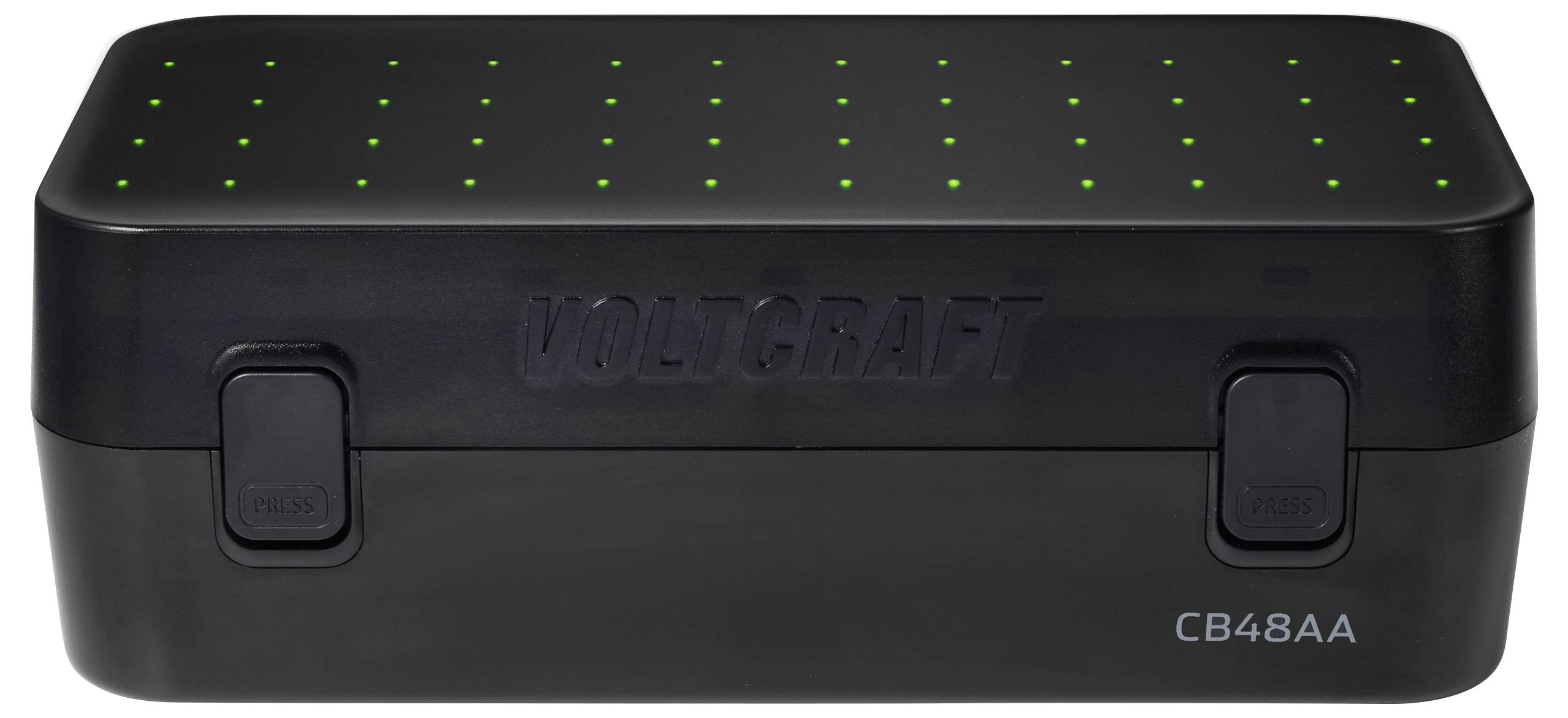 Černá nabíječka baterií Voltcraft CB48AA se zelenými kontrolkami a dvěma předními zámkovacími tlačítky