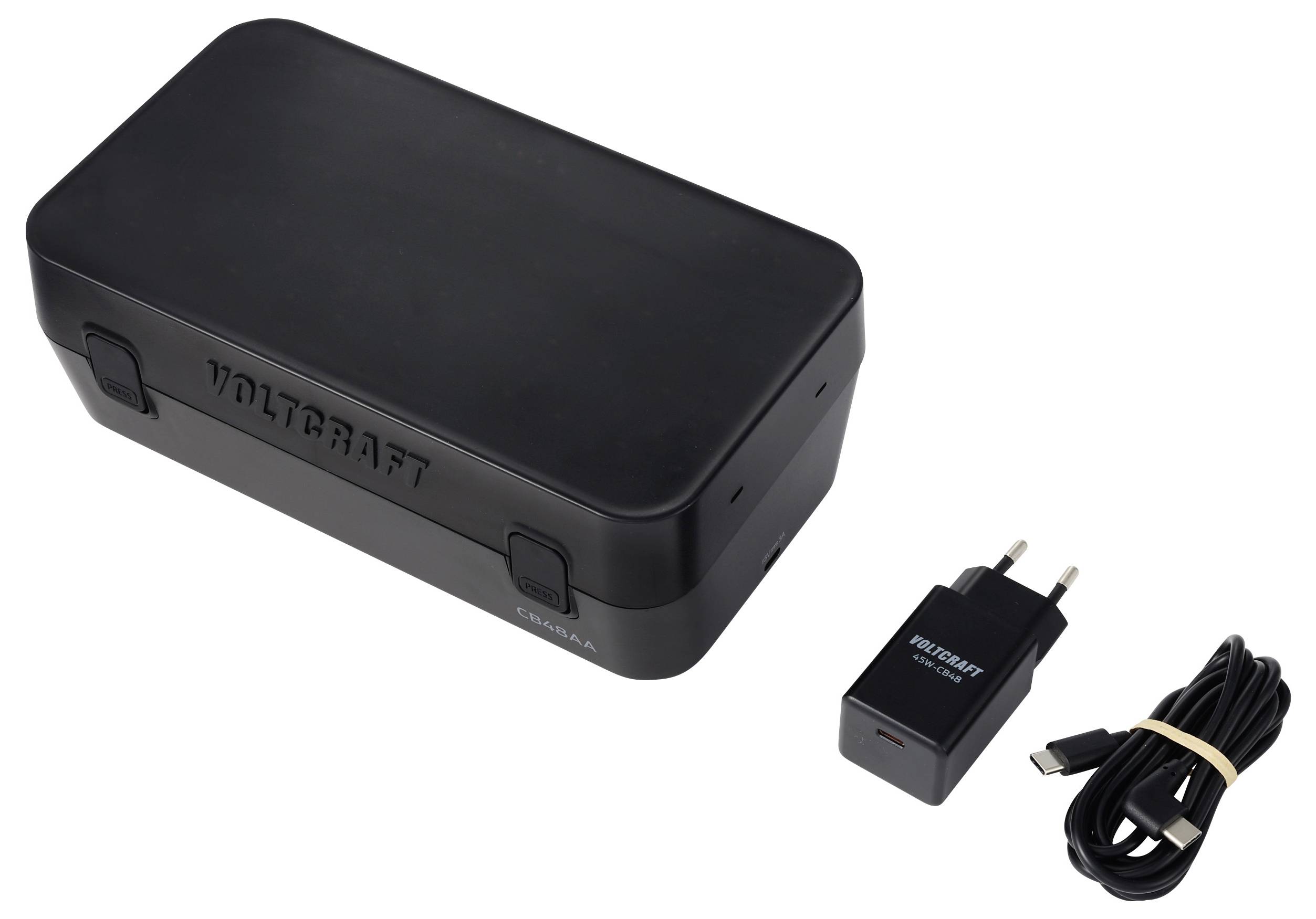 Černé obdélníkové elektronické zařízení Vontraft se dvěma bočními zámky, zobrazené se síťovým adaptérem a USB kabelem na bílém pozadí.