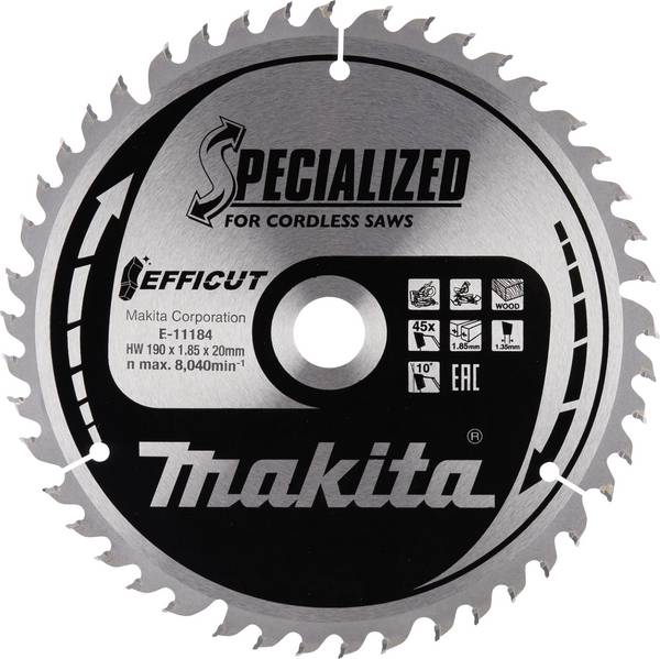 Makita E-11184 pilový list, Průměr:190 mm, Počet zubů (na palec):45, Tloušťka:1.35 mm