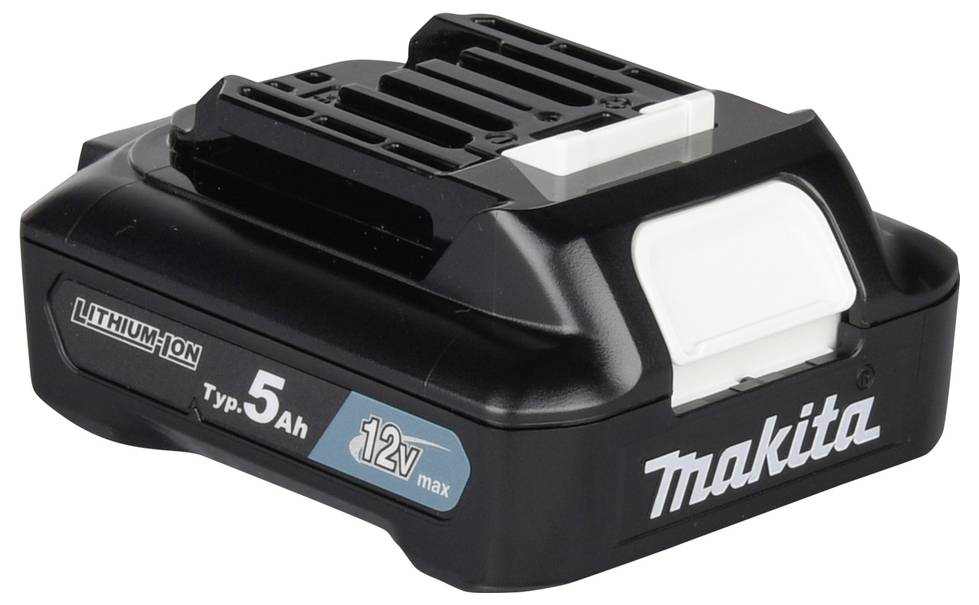 Baterie Makita 12V max lithium-iontová 5Ah s černým pouzdrem a bílou pojistkou uvolnění.