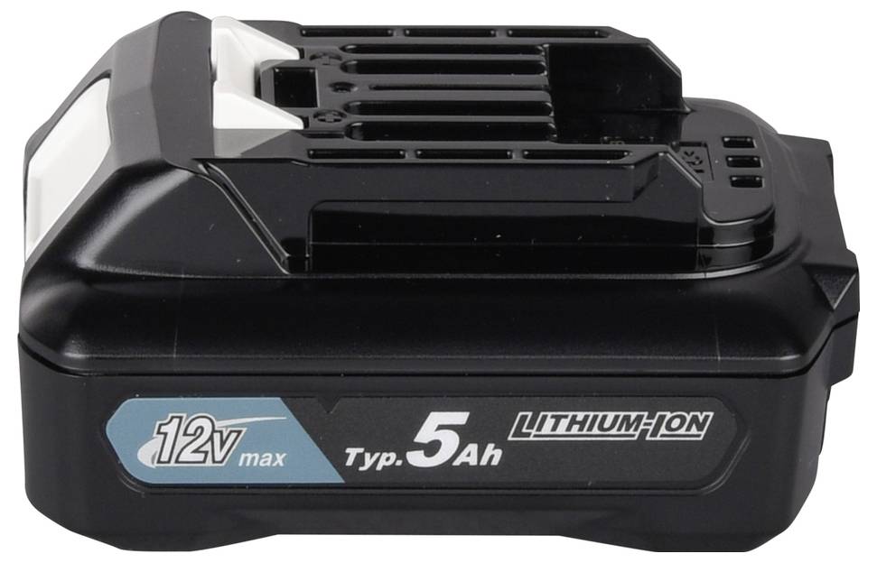 Černý akumulátor 12V Max s lithium-ionovou technologií označený "Typ. 5Ah" na bílém pozadí.