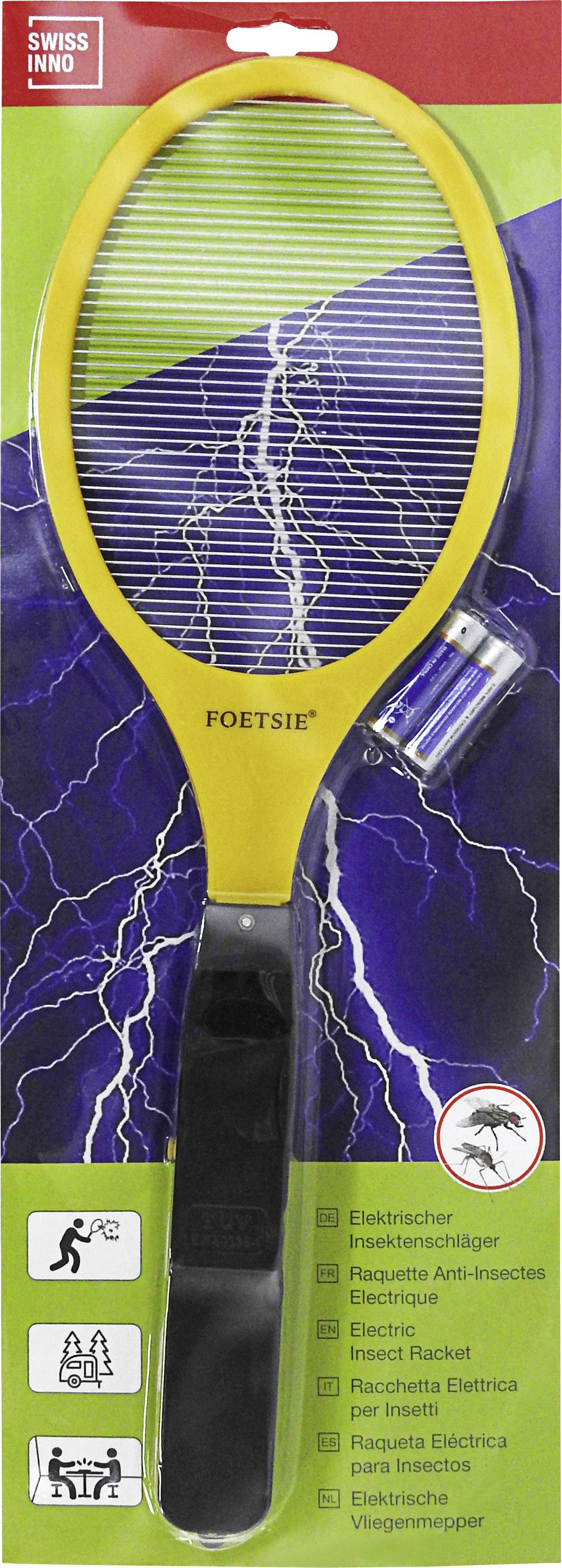 Elektrický plácač much značky 'Foetsie' v obalu. Žluto-černá raketa se síťkou, včetně baterií. Vizuály blesku a ikony mouchy.