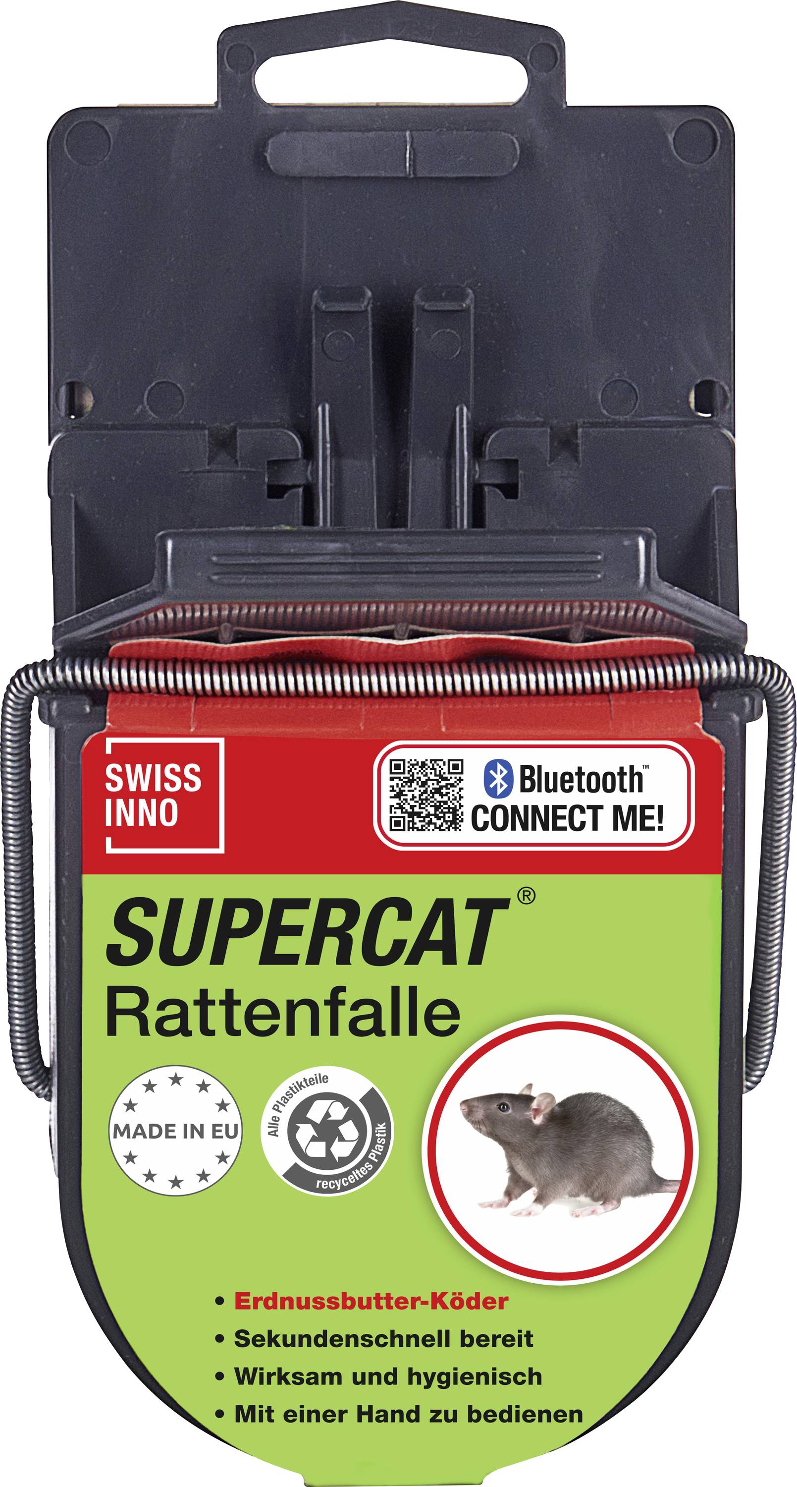 'Supercat Ratonická past' s připojením přes smartphone pomocí Bluetooth, s návnadou ve formě arašídového másla, vyrobeno v EU.