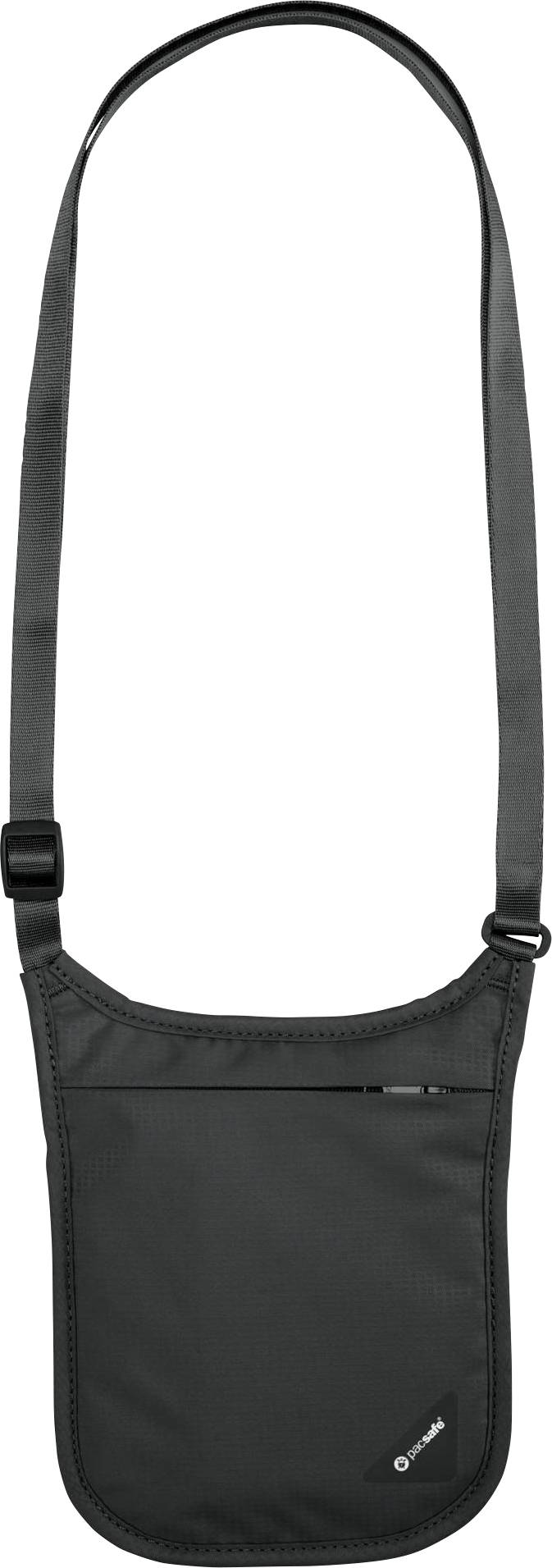 Malá černá crossbody kabelka s nastavitelným popruhem, která má zipovou kapsu a logo v dolním rohu.