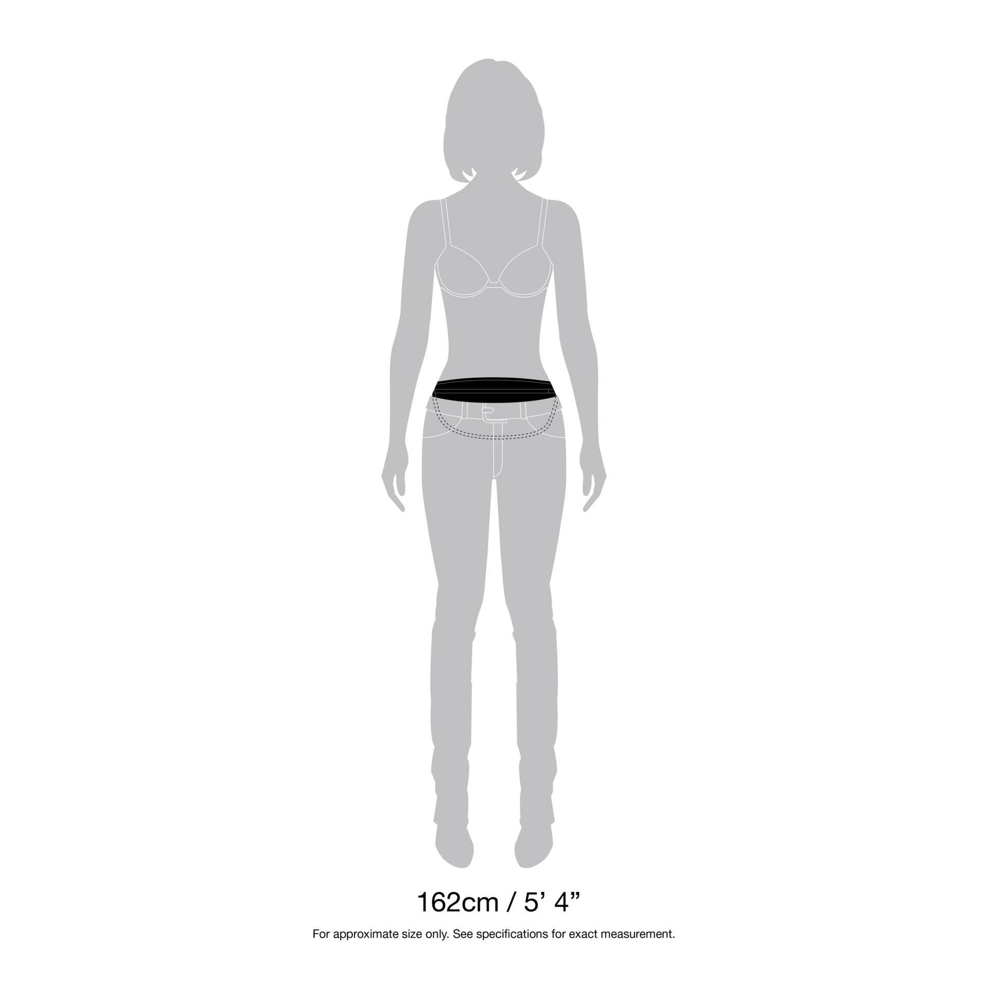 Diagram zobrazuje siluetu ženy se zvýrazněnou linií pasu, přičemž je uveden referenční rozměr 162 cm nebo 5'4".