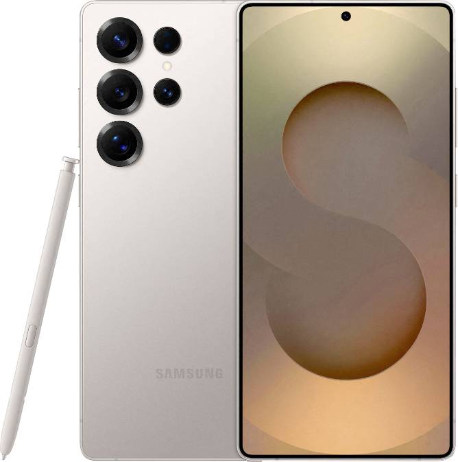 Chytrý telefon se čtyřmi zadními fotoaparáty a stylusem S Pen před pozadím, s velkým písmenem 'S' na jeho displeji.