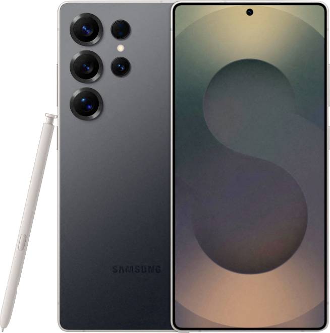 Chytrý telefon se stylusem, s velkým displejem a několika zadními fotoaparáty, zobrazující minimalistickou tapetu.