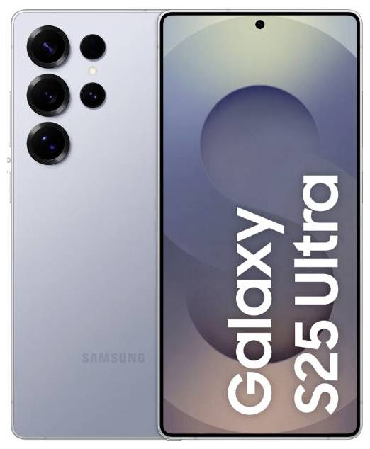Smartphone se třemi zadními fotoaparáty, označený nápisem „Samsung". Přední displej zobrazuje text „Galaxy S25 Ultra" přes gradientní pozadí.