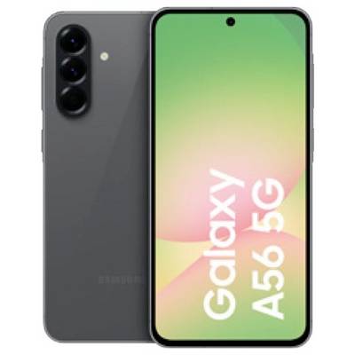 Obrázek smartphonu zobrazující Galaxy A56 5G se třemi zadními fotoaparáty a předním displejem zobrazujícím text „Galaxy A56 5G" na barevné obrazovce.