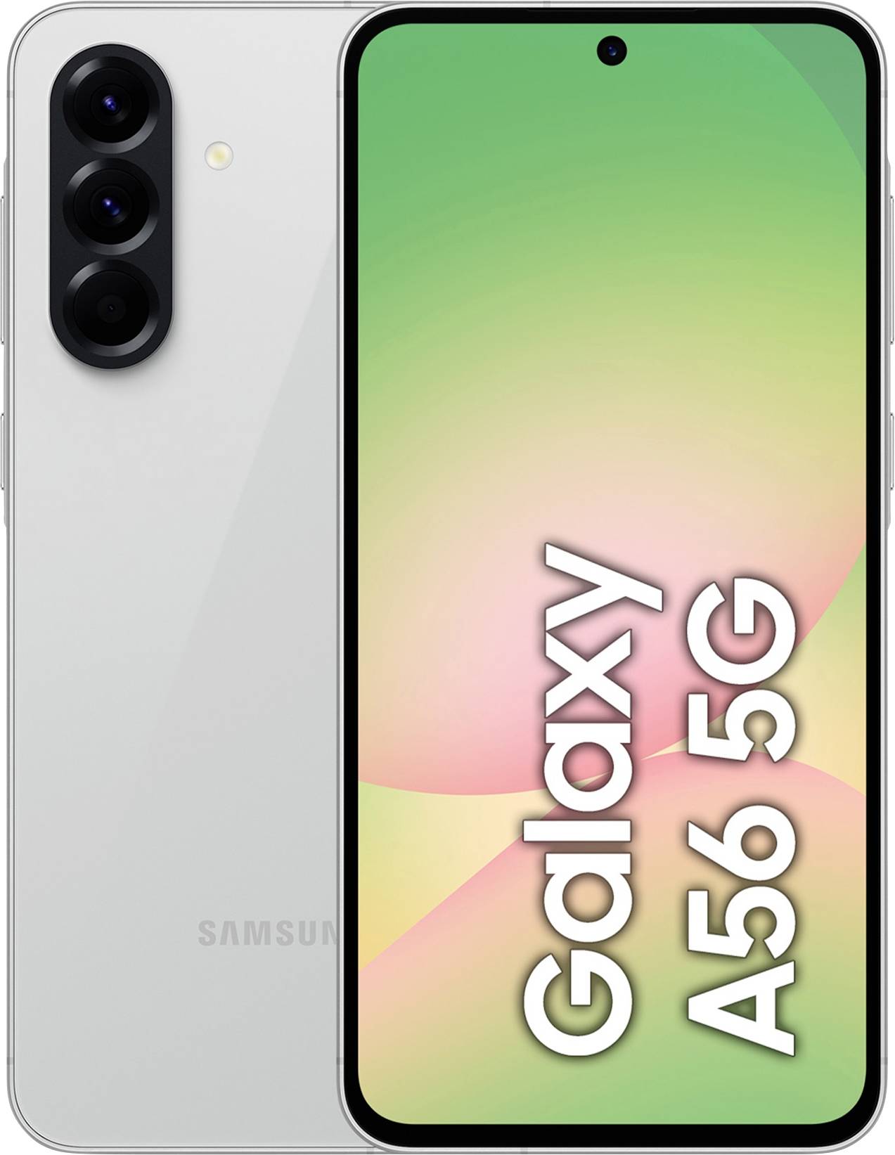 Přední a zadní pohled na smartphone Galaxy A56 5G, zobrazující trojitý zadní fotoaparát a displej s textem 'Galaxy A56 5G'.