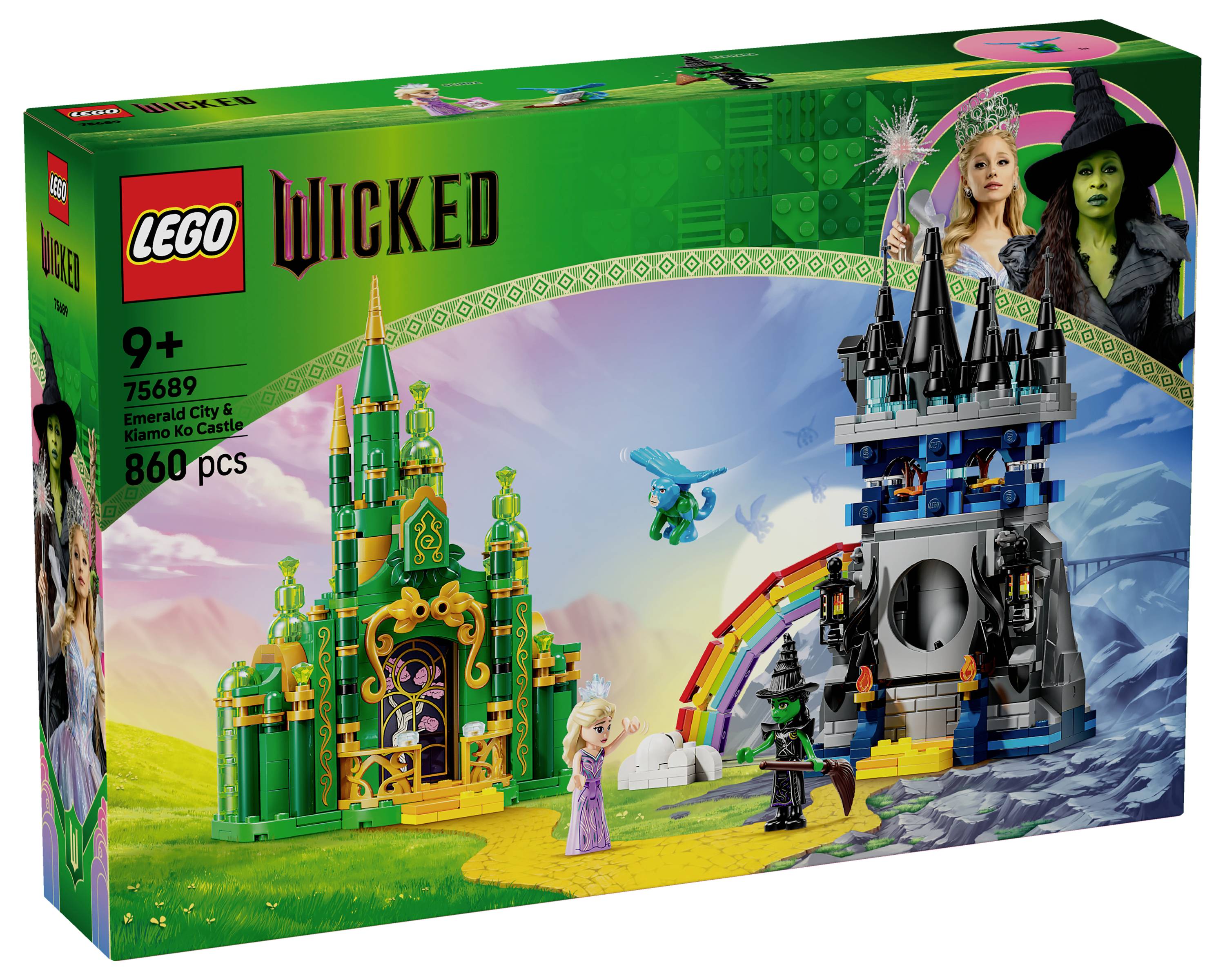 LEGO sada v krabici s motivem muzikálu 'Wicked' obsahující Smaragdové město a Elphaba, zahrnuje 860 dílků a je doporučena pro děti od 9 let.
