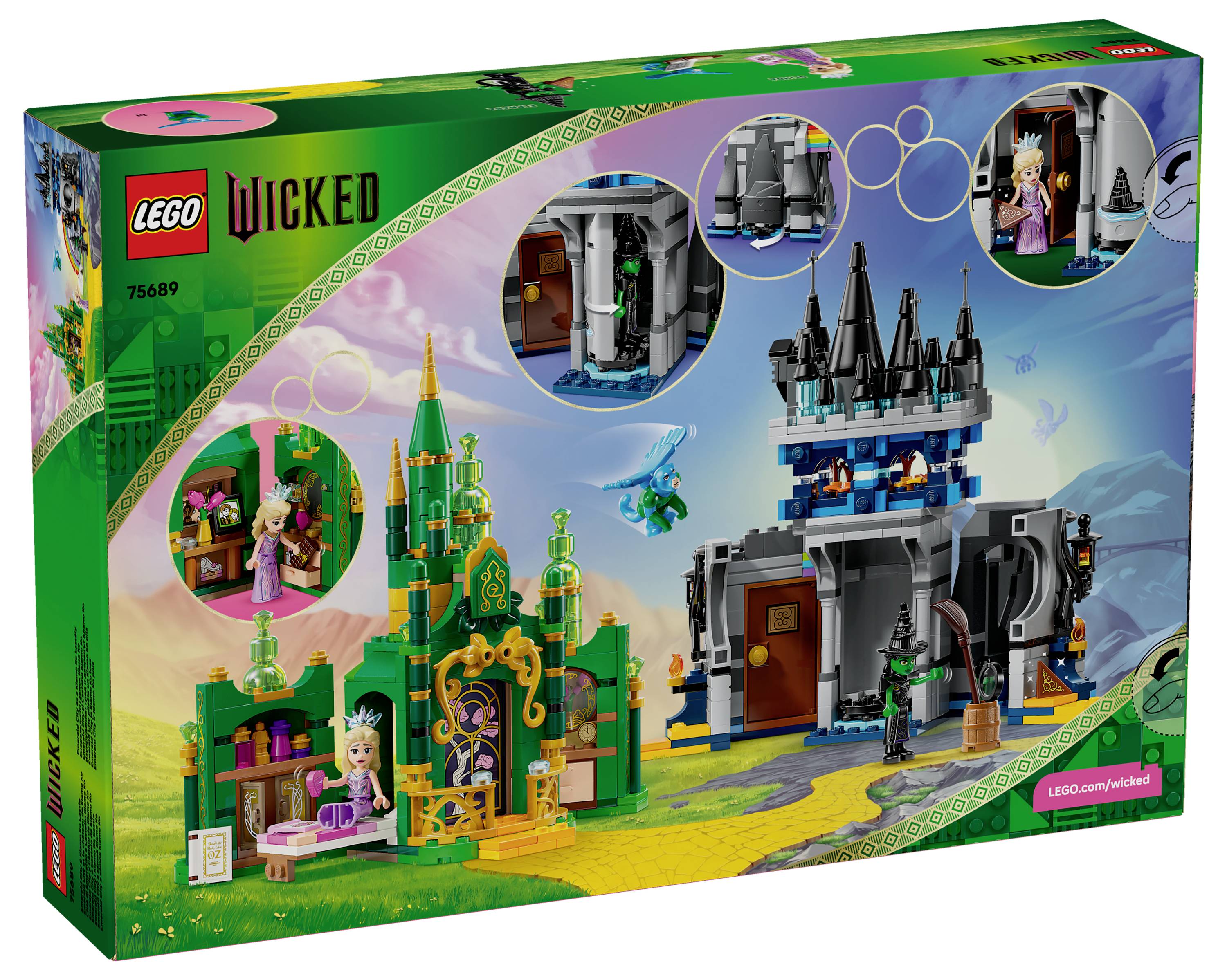 Obal sady LEGO zobrazující scény z muzikálu 'Wicked' s barevnými stavebními konstrukcemi a postavami.