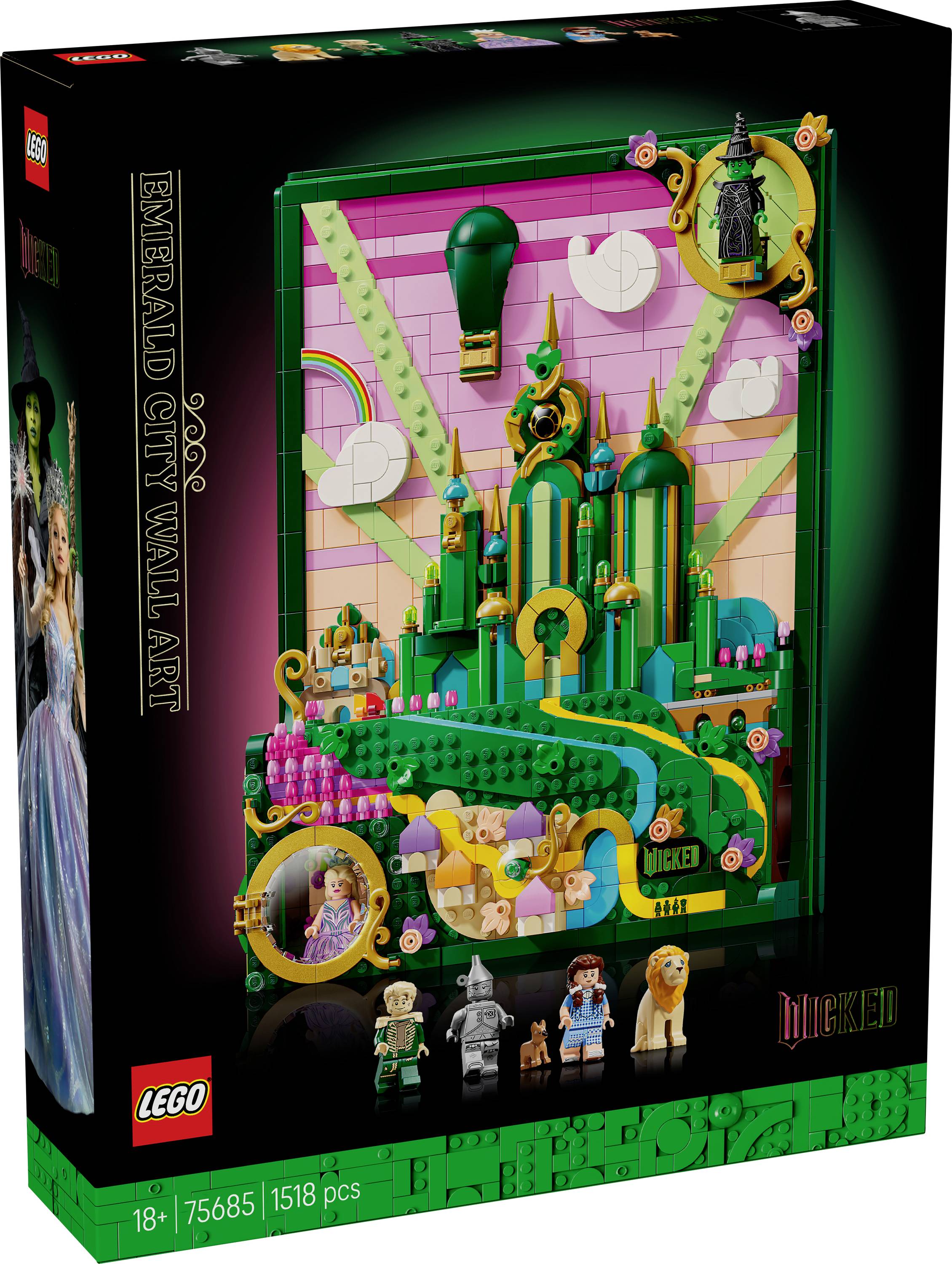 LEGO sada s krabicí zobrazující 'Nástěnné umění Smaragdového města' z muzikálu 'Wicked', obsahující figurky a scénu z příběhu.