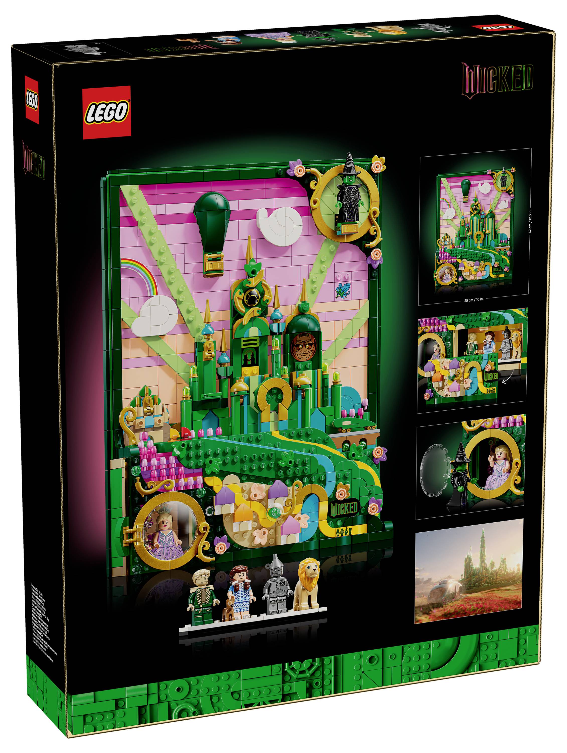Expozice LEGO 'Wicked' zobrazující scénu s motivy Oz, s kulisou zámku, horkovzdušným balónem a miniaturními figurkami známých postav.
