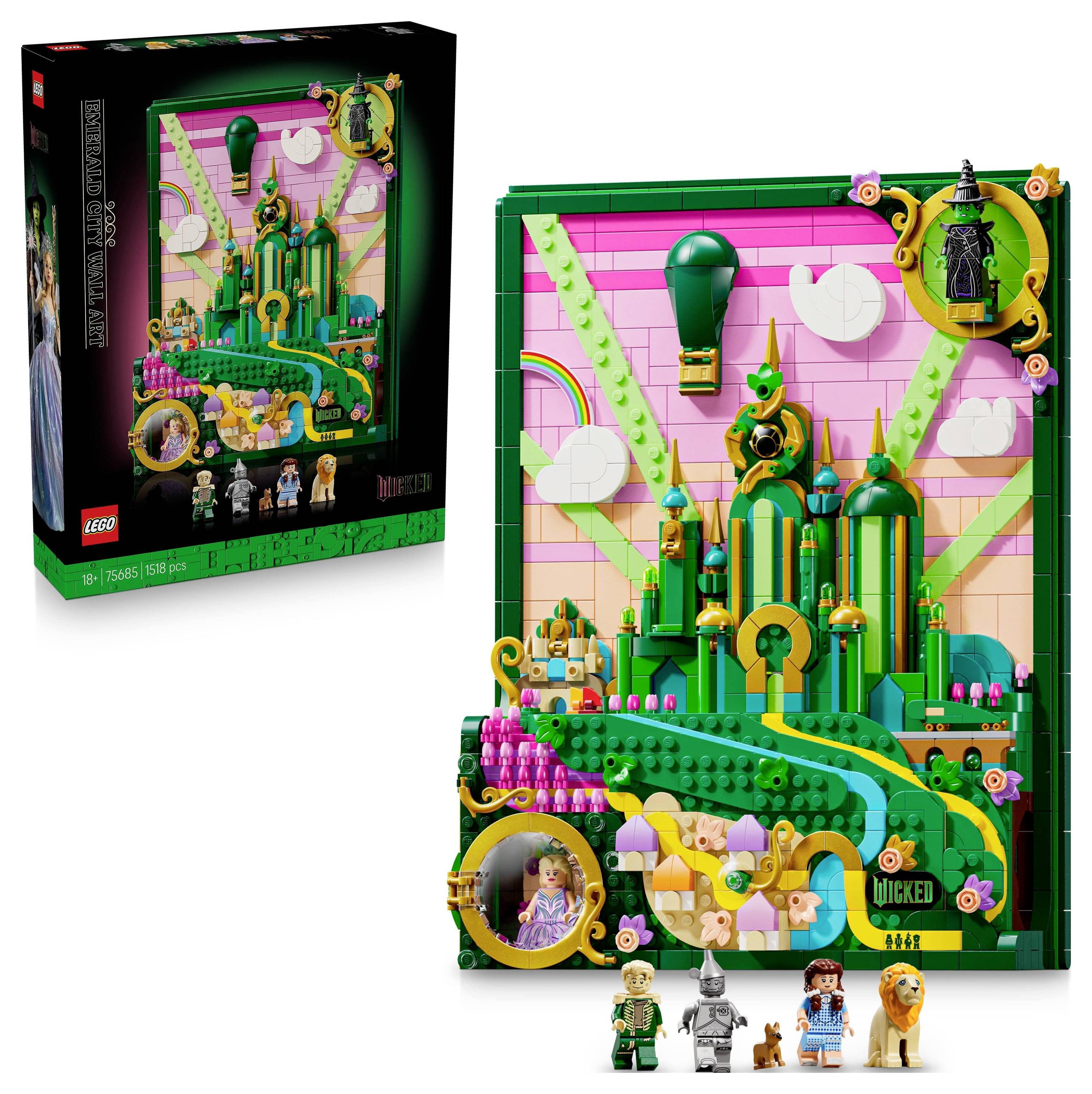 Sada Lego Muzikál Čaroděj z Oz zahrnující diorama Smaragdového města s horkovzdušným balónem, postavami, propracovanou žlutou cestou a prezentací v krabici.