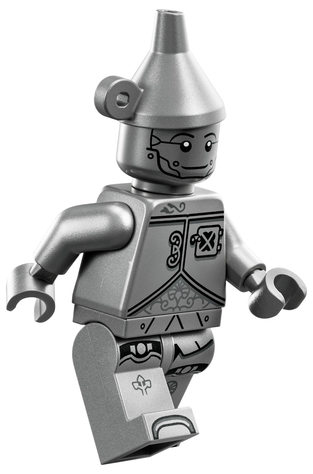 Stříbrná hračkářská figurka připomínající robota, s trychtýřovitou čepicí a tištěnými detaily na trupu, stojící na jedné noze, jako by právě kráčela.