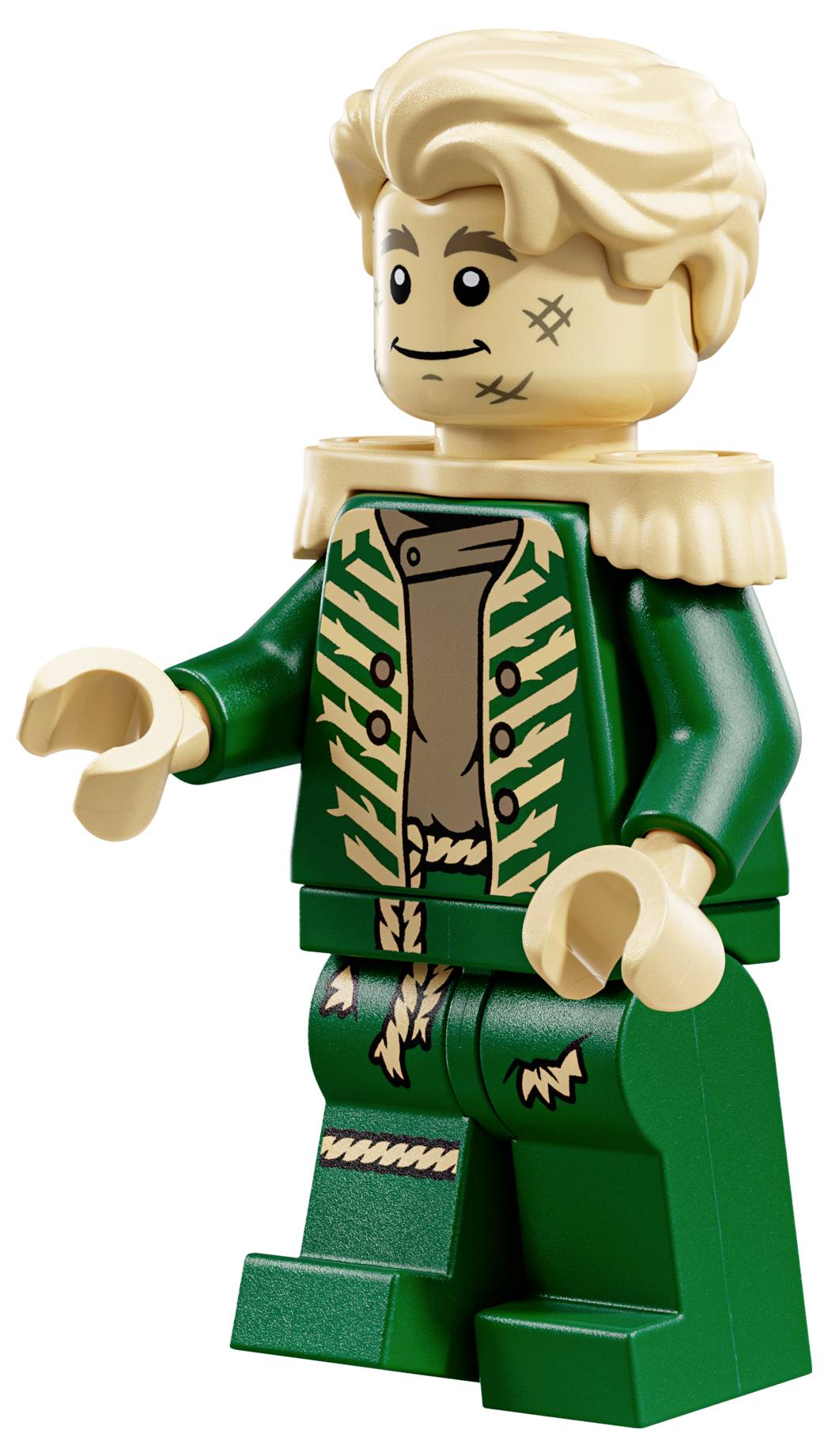 Figurka LEGO oblečená do zeleno-béžového vojenského stylu oblečení, s drsným výrazem a rozcuchanými vlasy, otočená doprava.