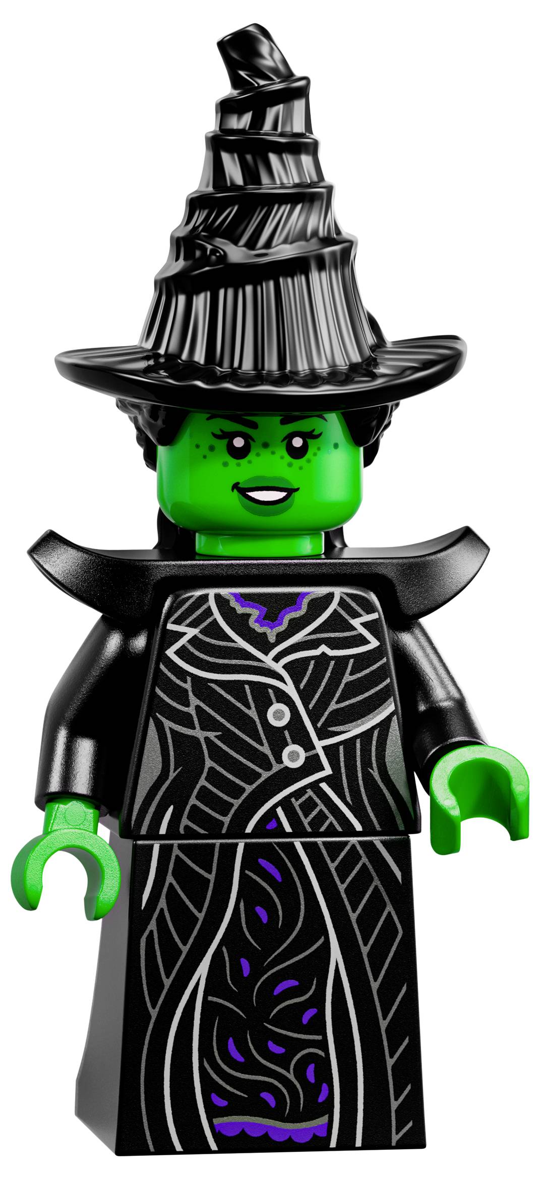 Figurka LEGO čarodějnice se zelenou tváří, černým špičatým kloboukem a propracovaným černým oděvem s fialovými akcenty.