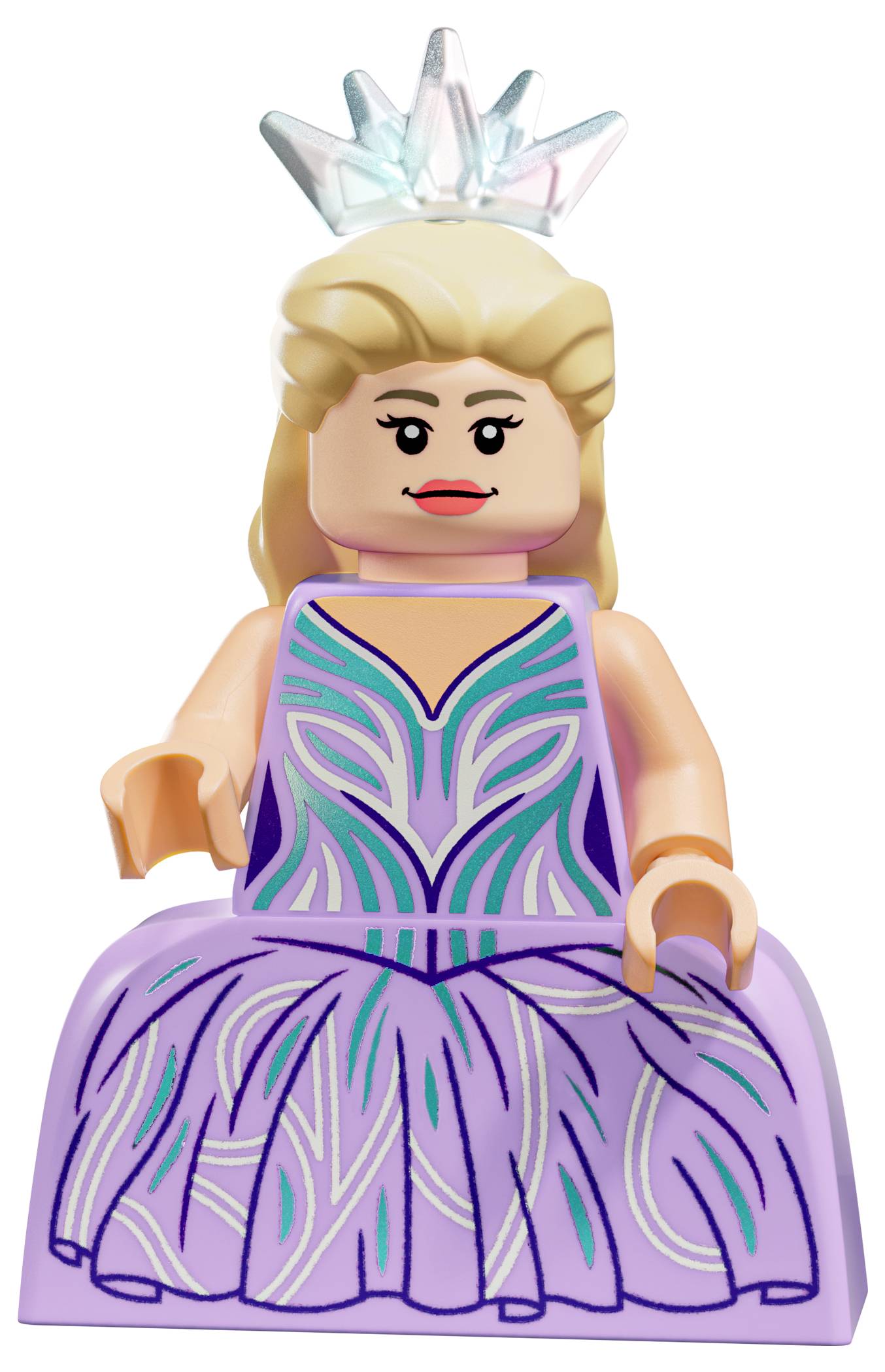 Figurka LEGO královny v purpurovém šatech s modrými vzory a stříbrnou korunou. Figurka má usměvavý obličej a plavé vlasy.