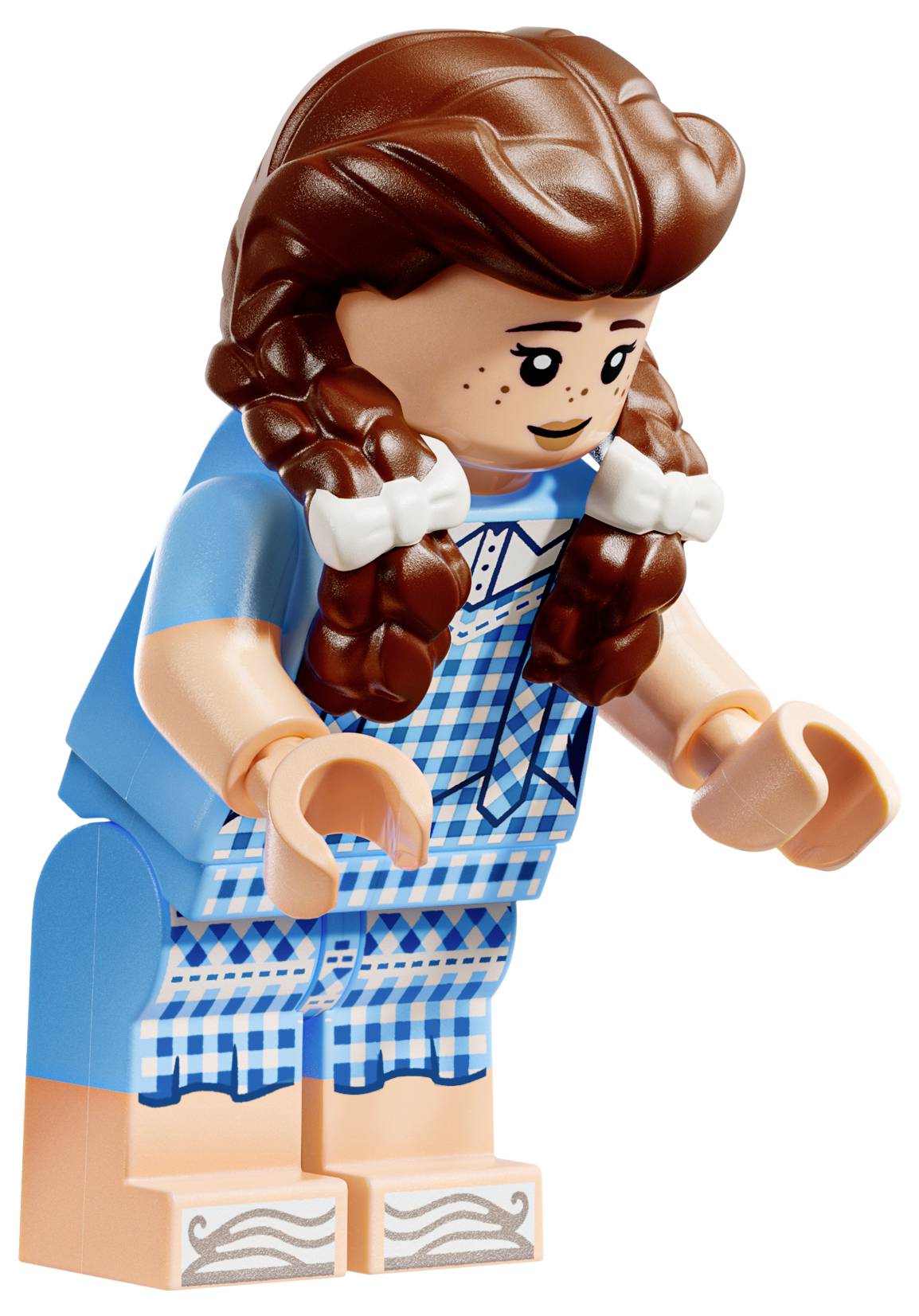 Lego postava s hnědými copy, oblečená v modro-bílé kostkované šatech a modré vestě, stojí mírně nahnutá dopředu, jako by byla v pohybu chůze.
