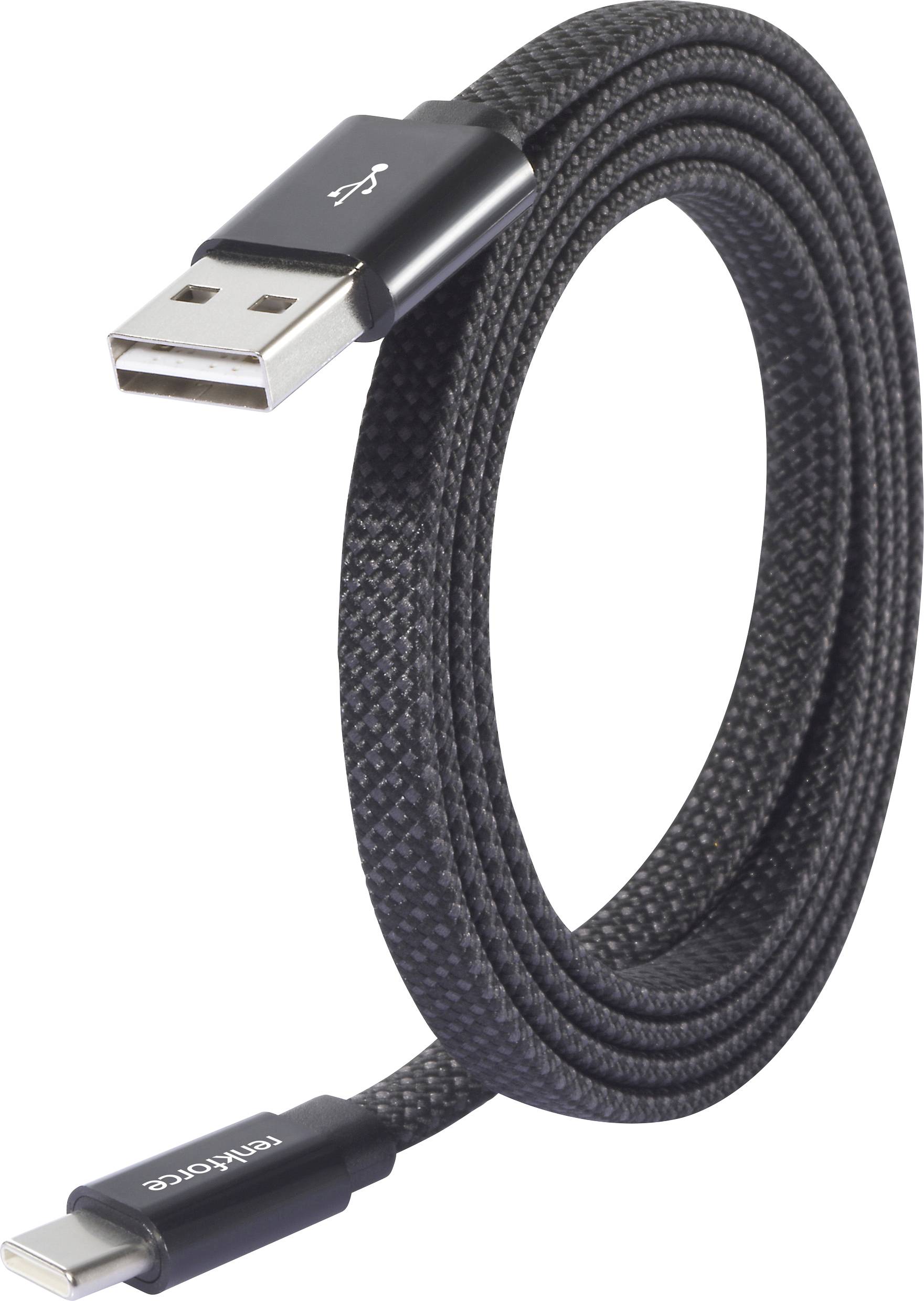 Černý pletený USB kabel s konektory USB-C, zobrazující konektory a odolnou konstrukci.
