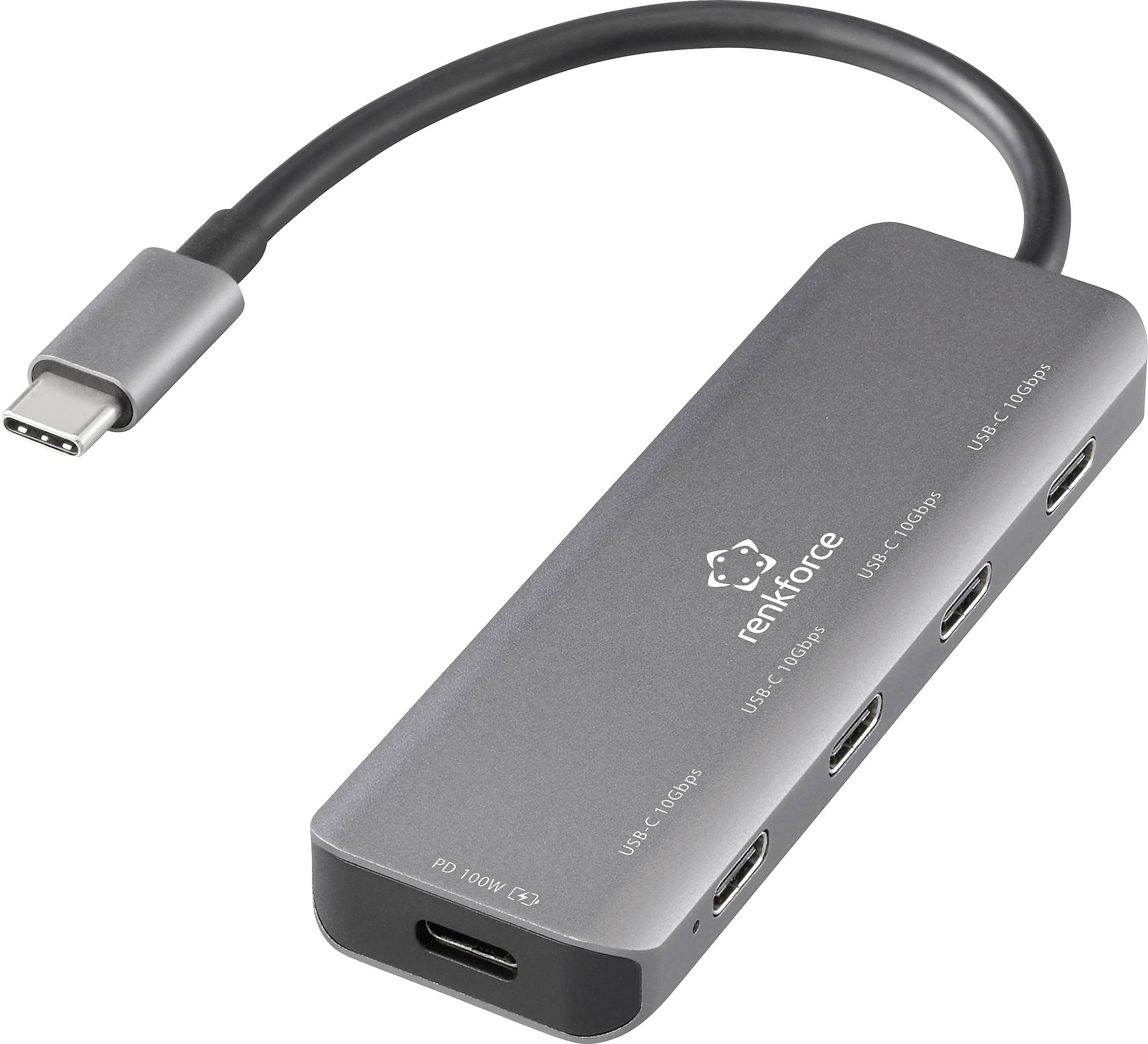 Kompaktní USB-C rozbočovač s pěti USB-C porty, označenými pro různé výstupní výkony a přenosové rychlosti, propojený krátkým kabelem.
